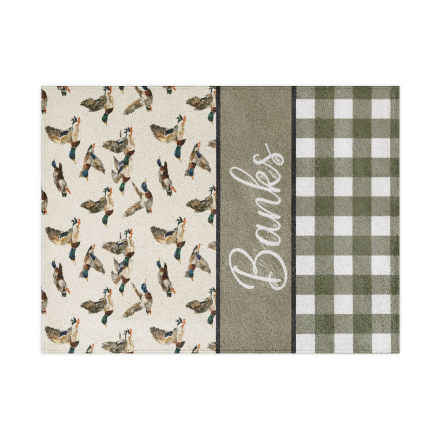 Personalized Toddler Blanket — Duck Pattern & Green Buffalo Check with Name "Banks"
