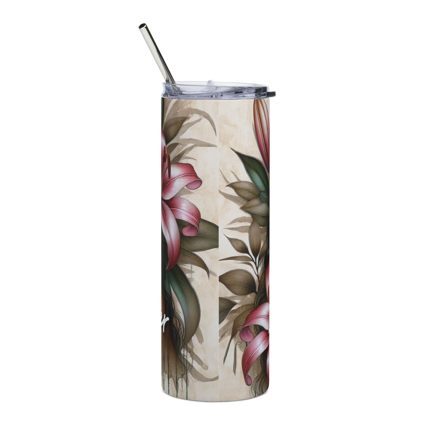 20oz Stainless Tumbler — 'Grow Strong' Floral Black Woman Art
