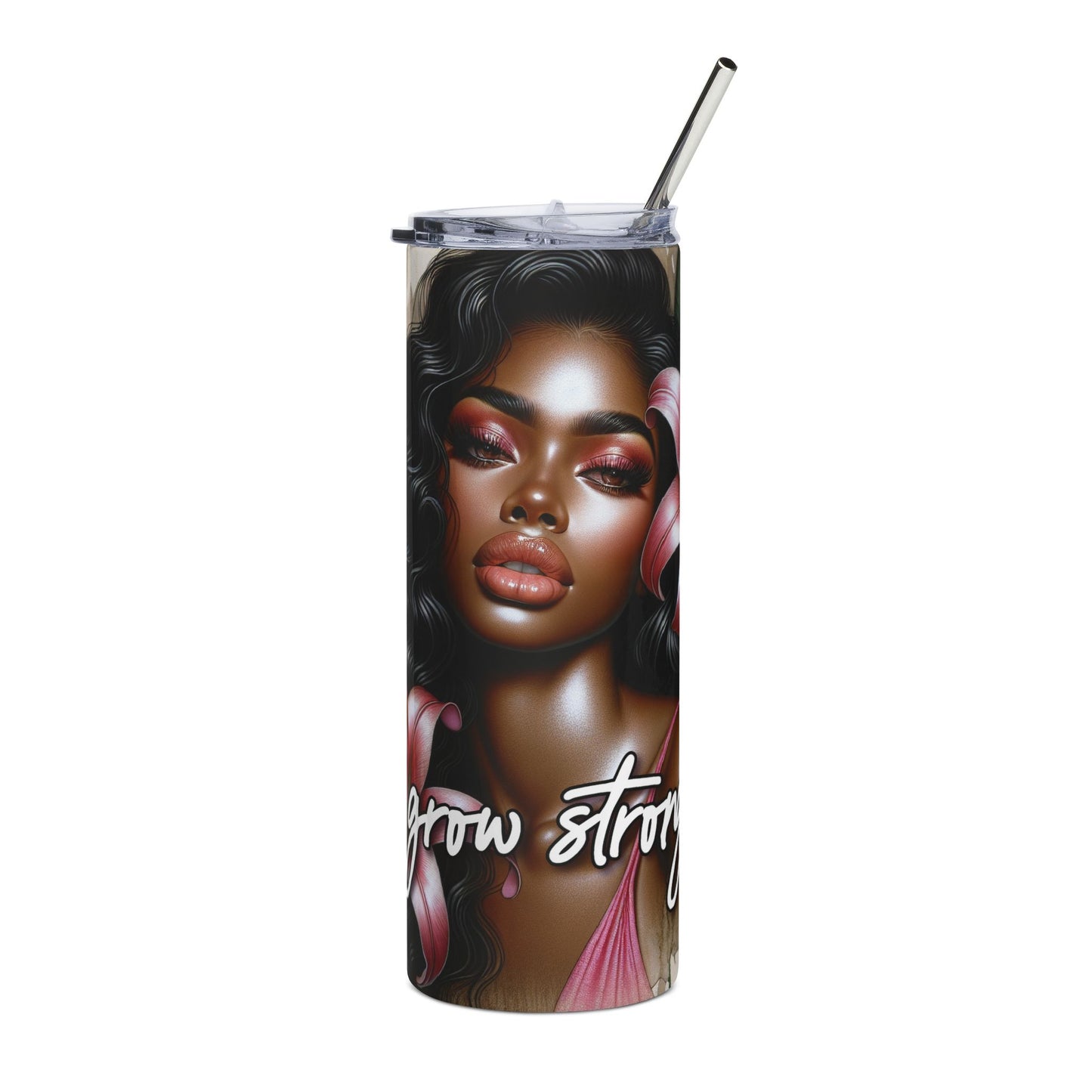 20oz Stainless Tumbler — 'Grow Strong' Floral Black Woman Art