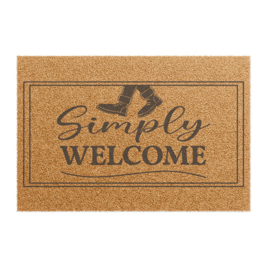 Simply Welcome Doormat – Rustic Coir Welcome Mat with Boot Graphic
