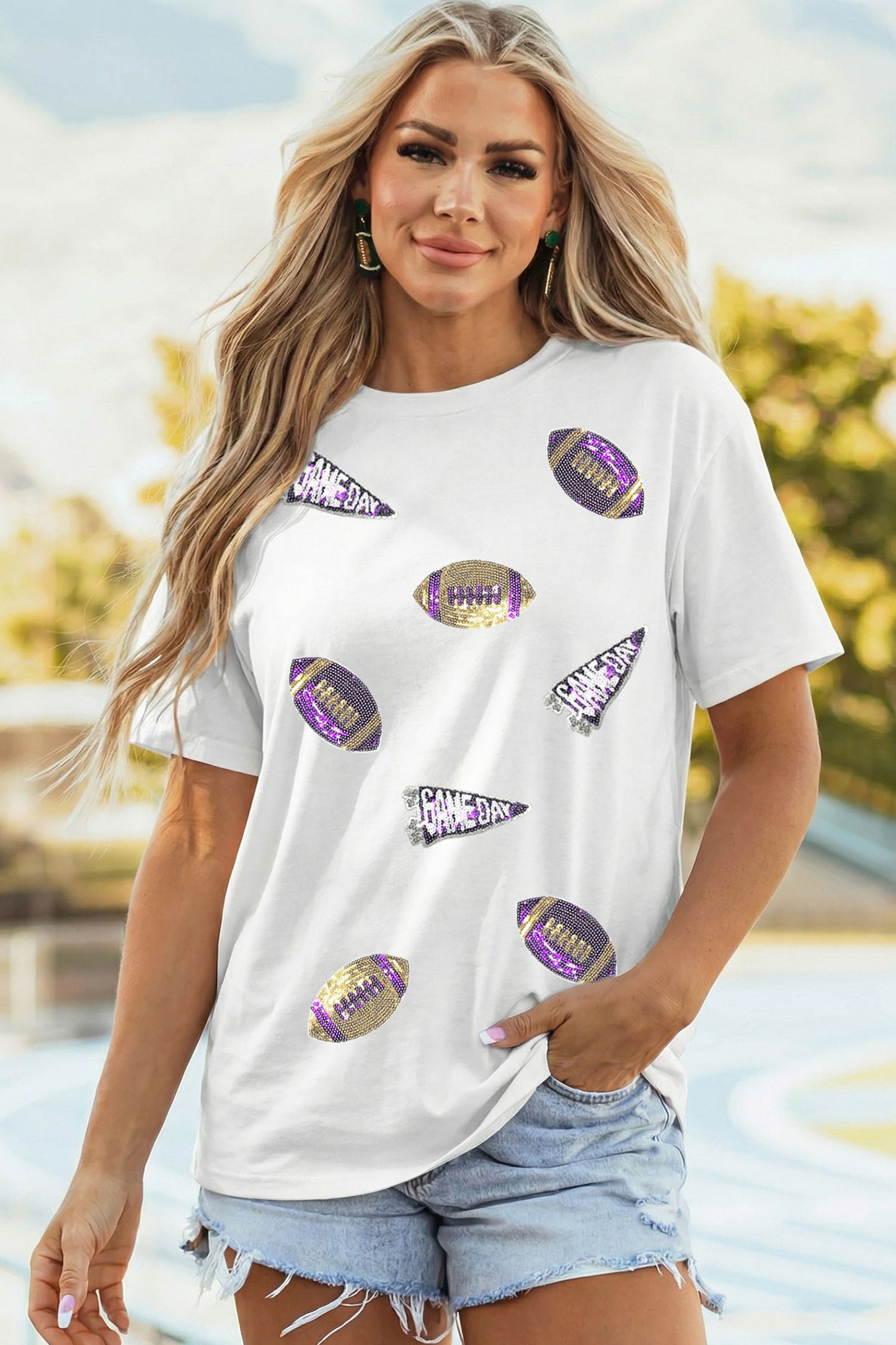 White Sequin Game Day Football Print T-Shirt