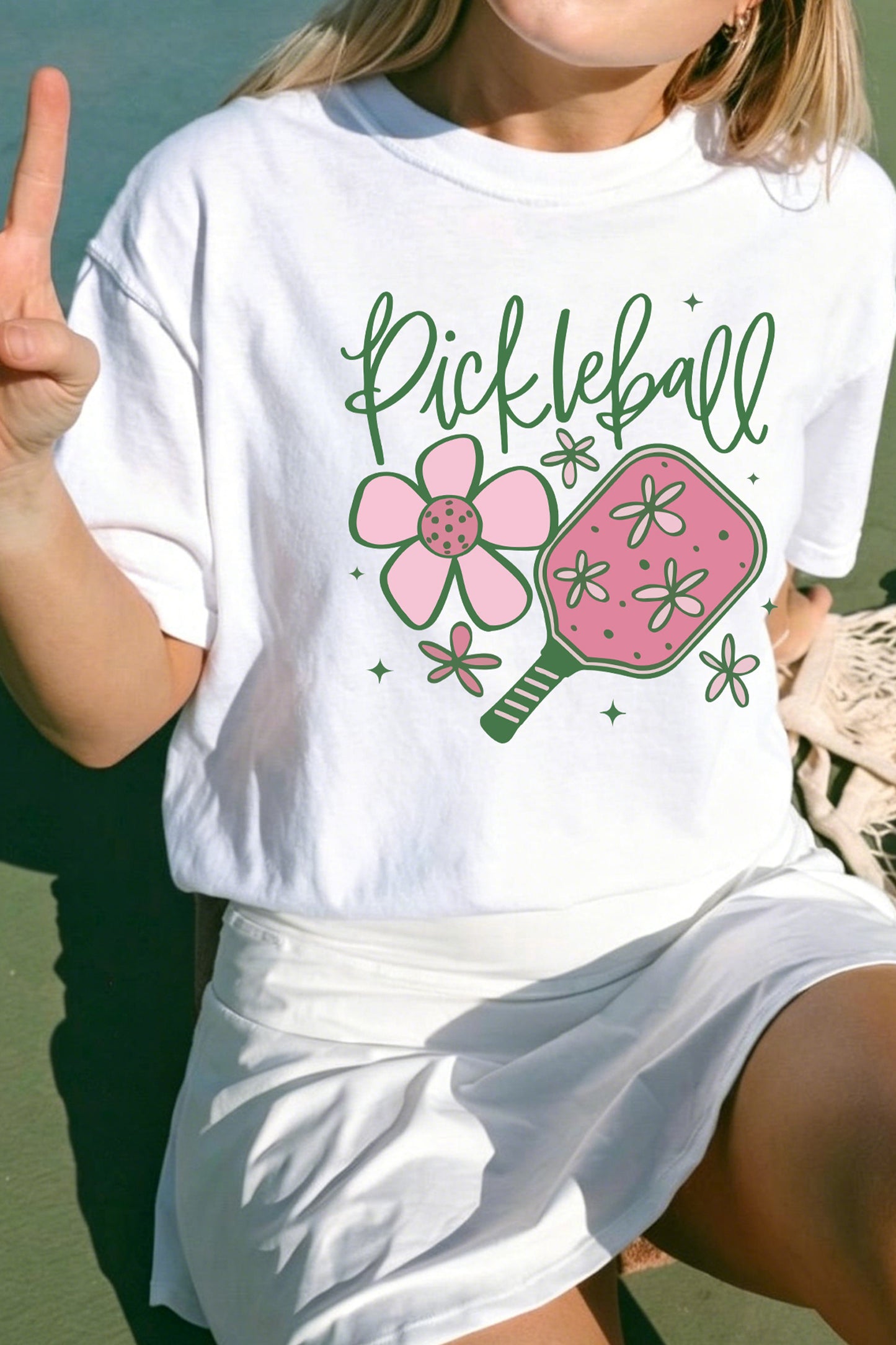 White Pickleball Sweet Flower Printed T Shirt