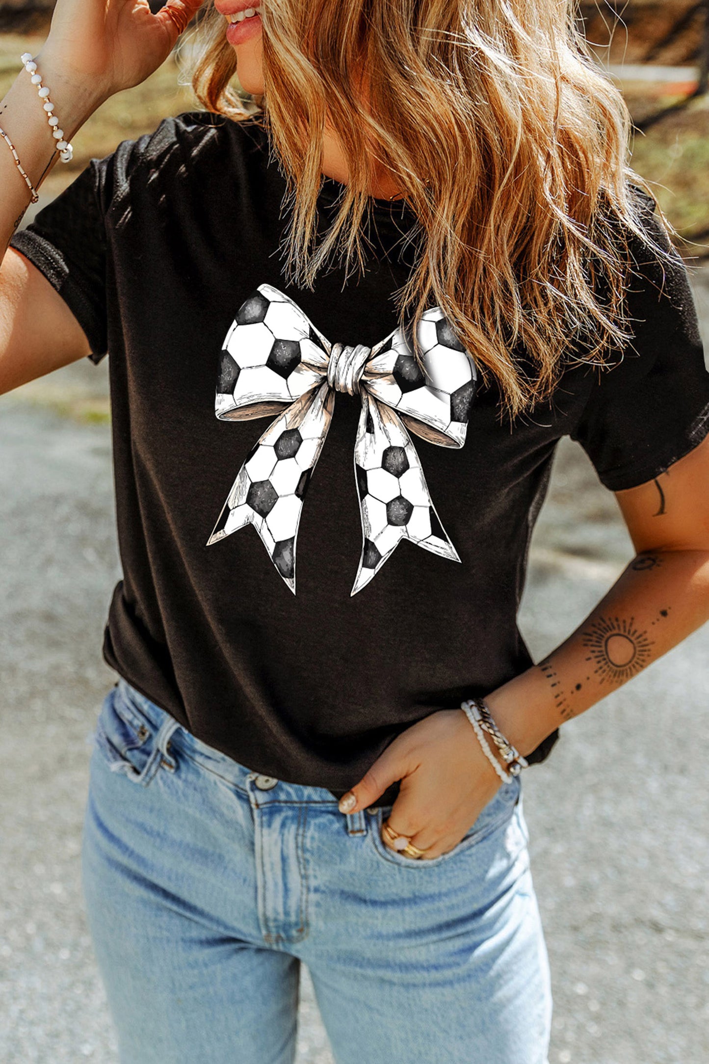 Black Soccer Bow Graphic Casual Summer Tee