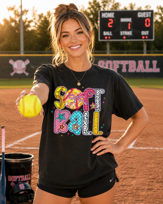Softball Graphic T-Shirt — Colorful Retro "Softball" Lettering Tee
