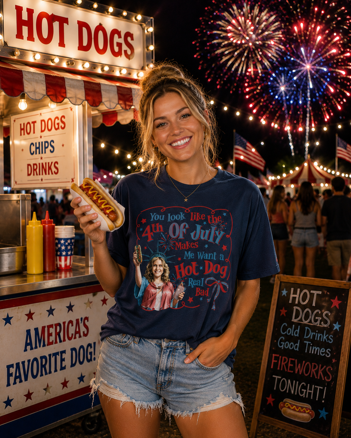 4th of July Funny Hot Dog T-Shirt — Retro Statue of Liberty Patriotic Tee