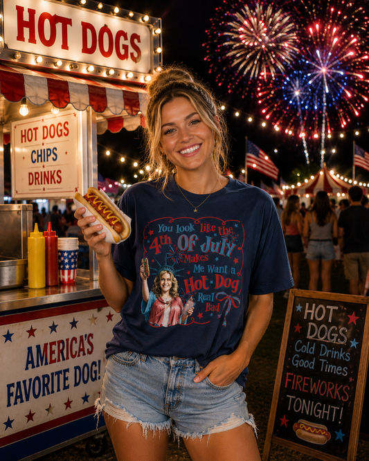 4th of July Funny Hot Dog T-Shirt — Retro Statue of Liberty Patriotic Tee