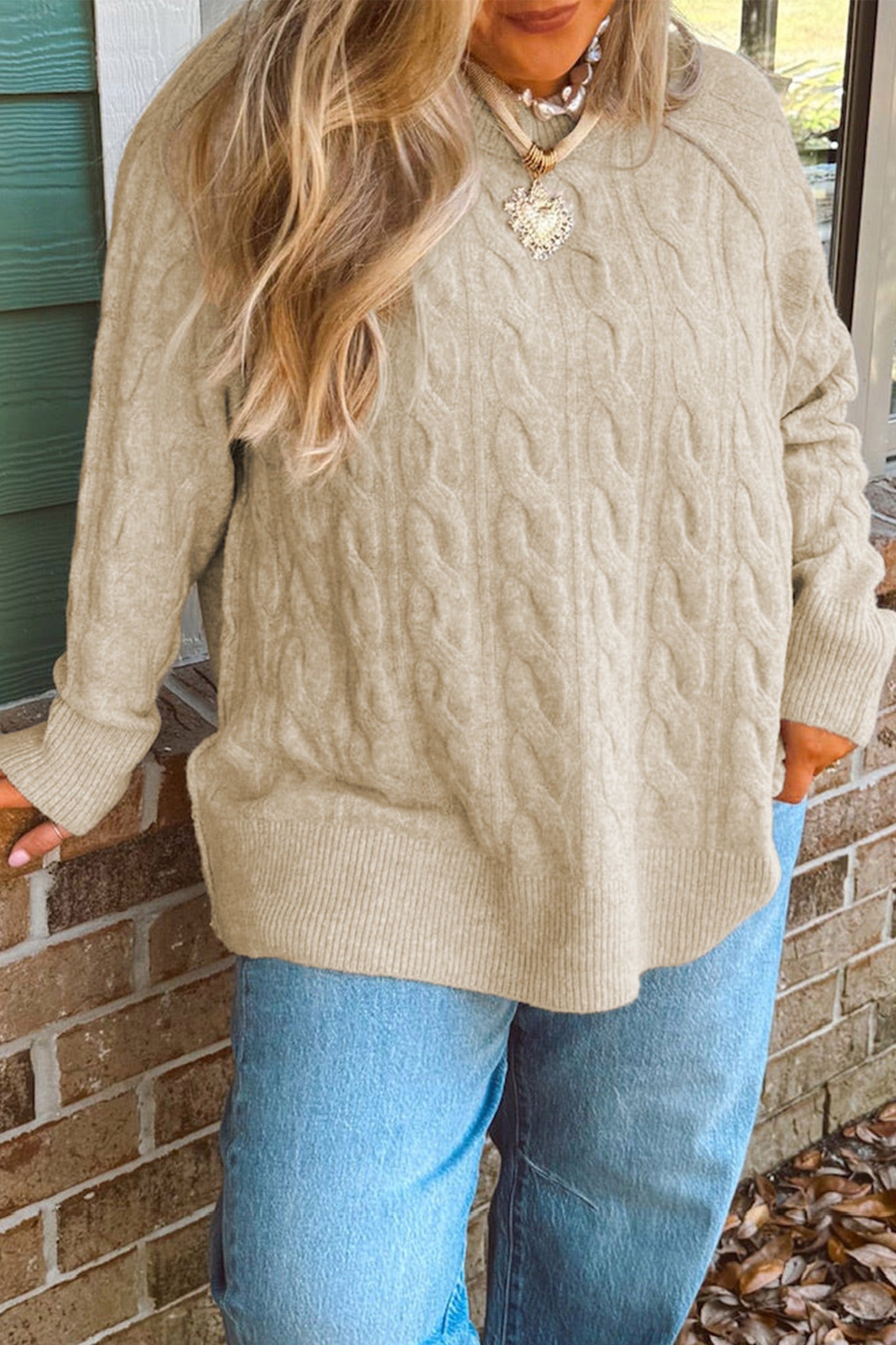 Parchment Oversized Cable Knit Long Sleeve Round Neck Tunic Length Plus Size Sweater