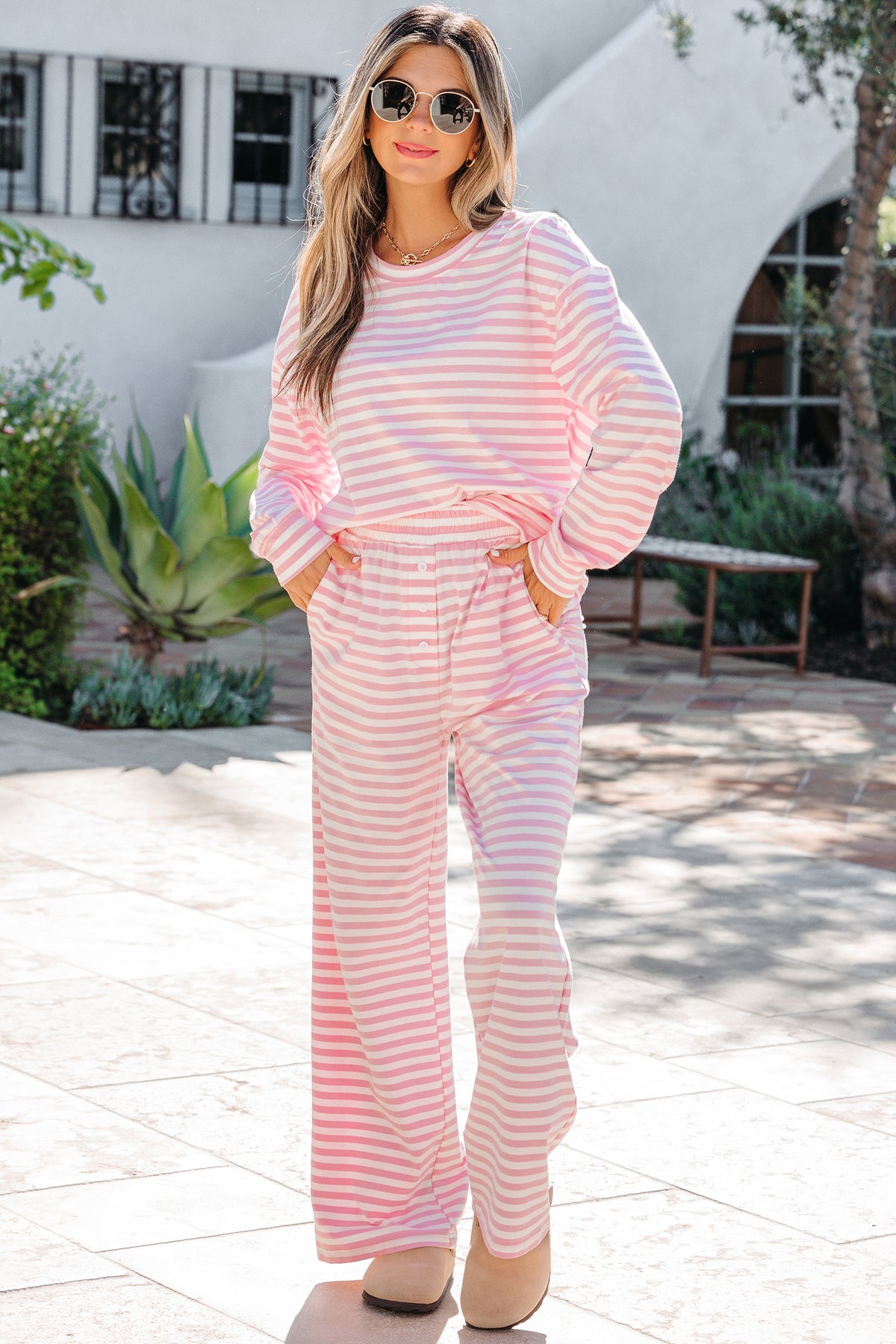 Rose Stripe Drop Shoulder Round Neck Top and Buttoned Straight Pants Two Piece Set
