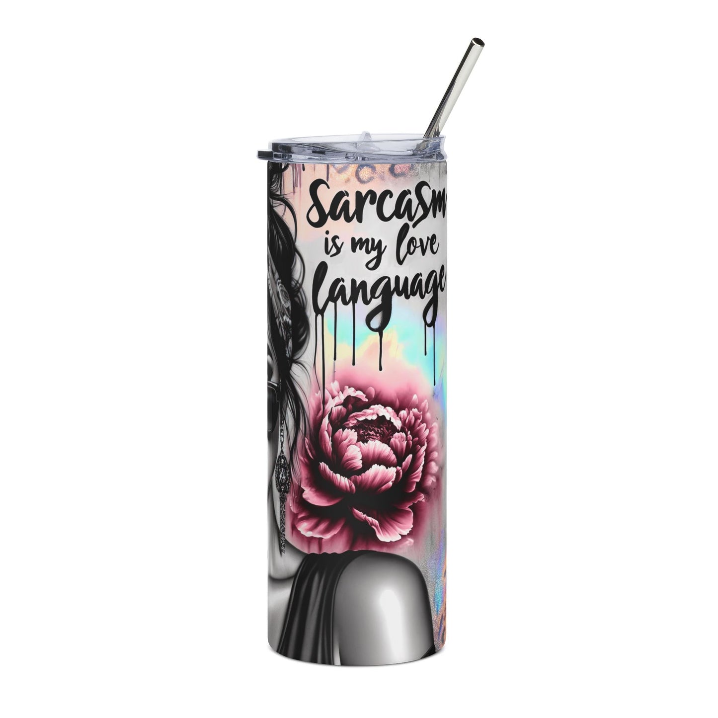 20oz Stainless Tumbler — Retro Pin-Up Woman with Sunglasses & Pink Peonies