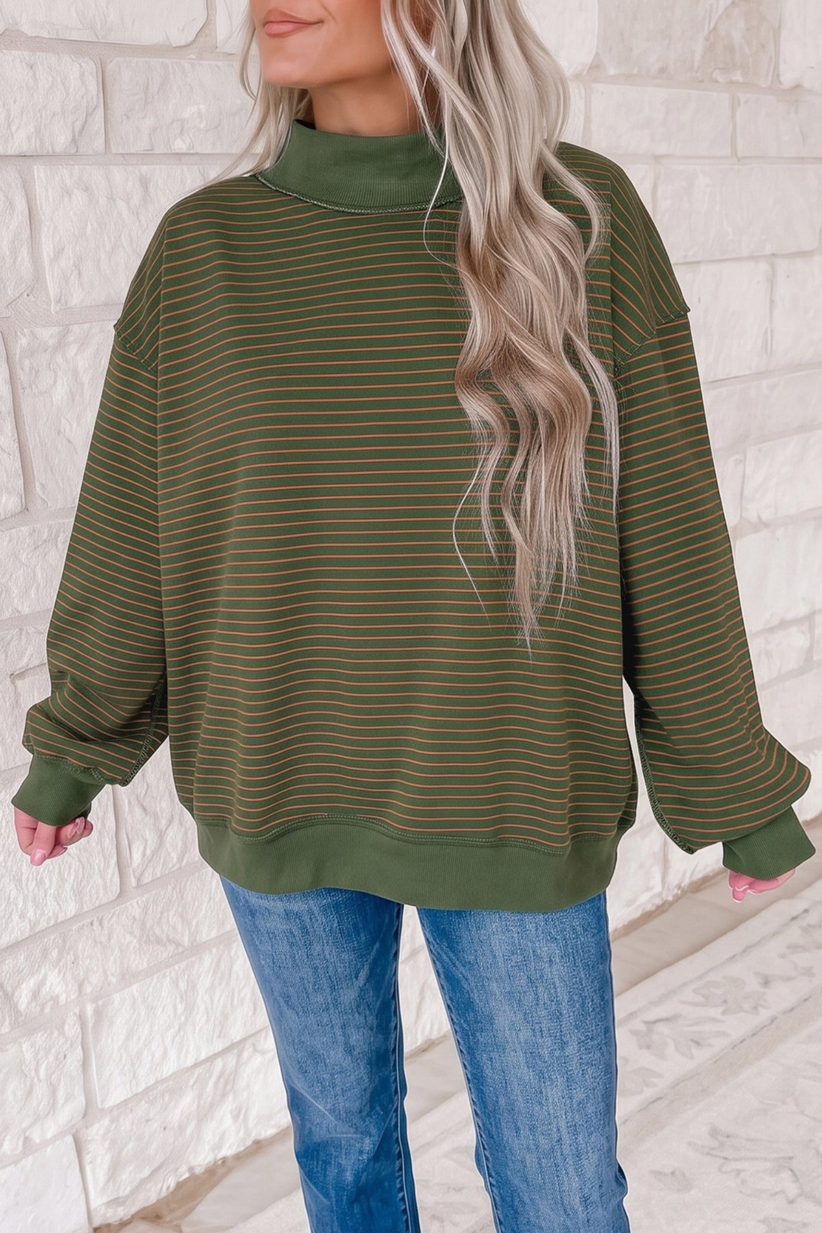 Pink Stripe Ribbed Color Block Mock Neck Oversized Sweatshirt