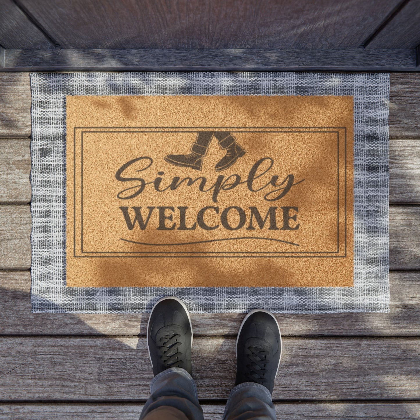 Simply Welcome Doormat – Rustic Coir Welcome Mat with Boot Graphic