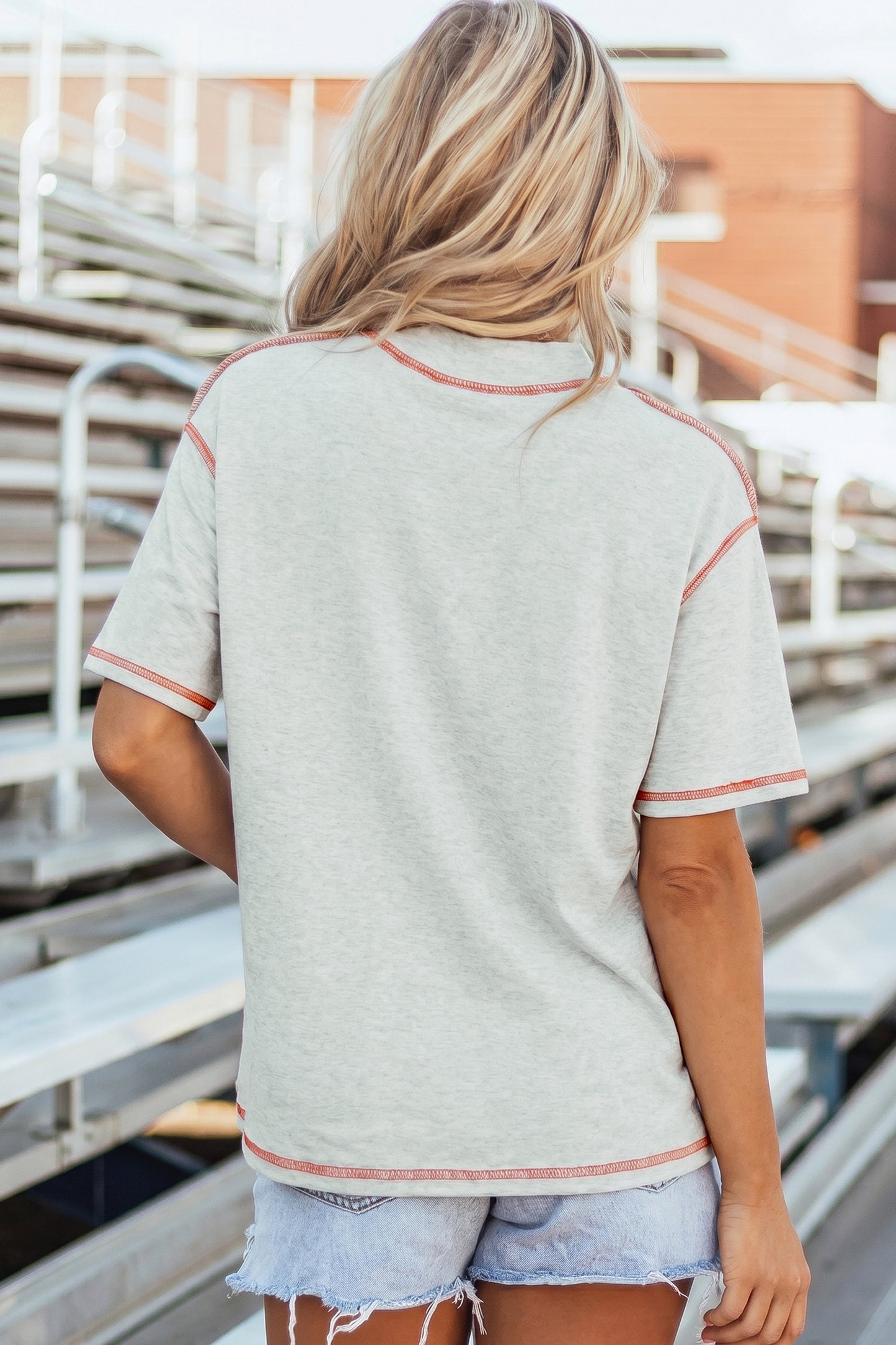 Light Grey Casual High Neck Slogan Tee Short Sleeve Loose Fit Summer T-Shirt