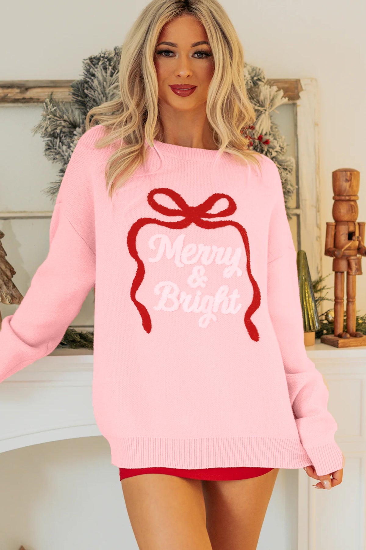 Gossamer Pink Drop Shoulder Round Neck Towel Embroidery Slogan Pullover Sweater