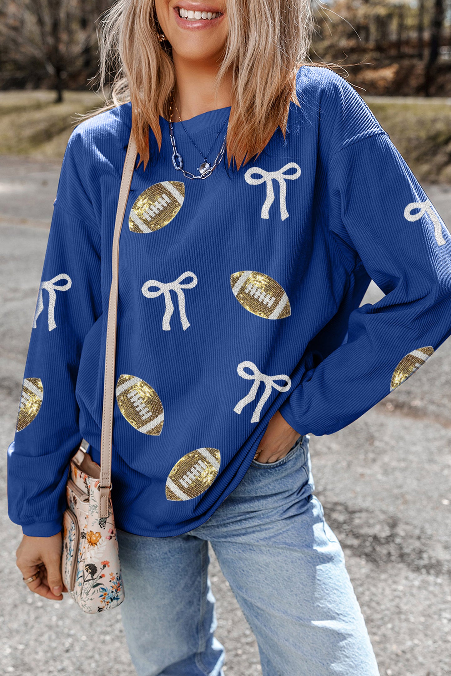 Dark Blue Corded Rib Sequin Rugby Bow Graphic Dropped Shoulder Sweatshirt