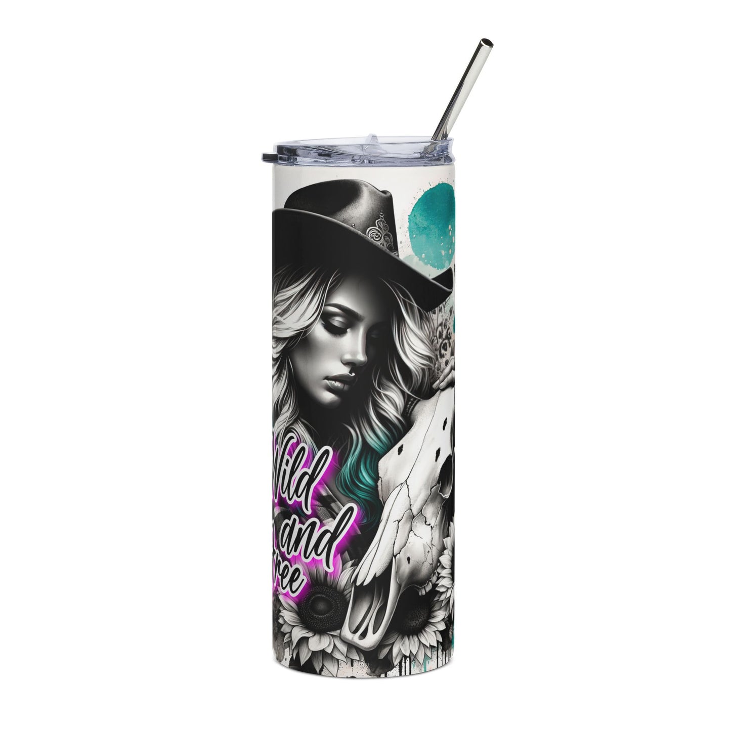 20oz Skinny Tumbler — "Wild and Free" Cowgirl Skull Design