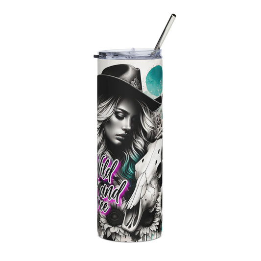 20oz Skinny Tumbler — "Wild and Free" Cowgirl Skull Design