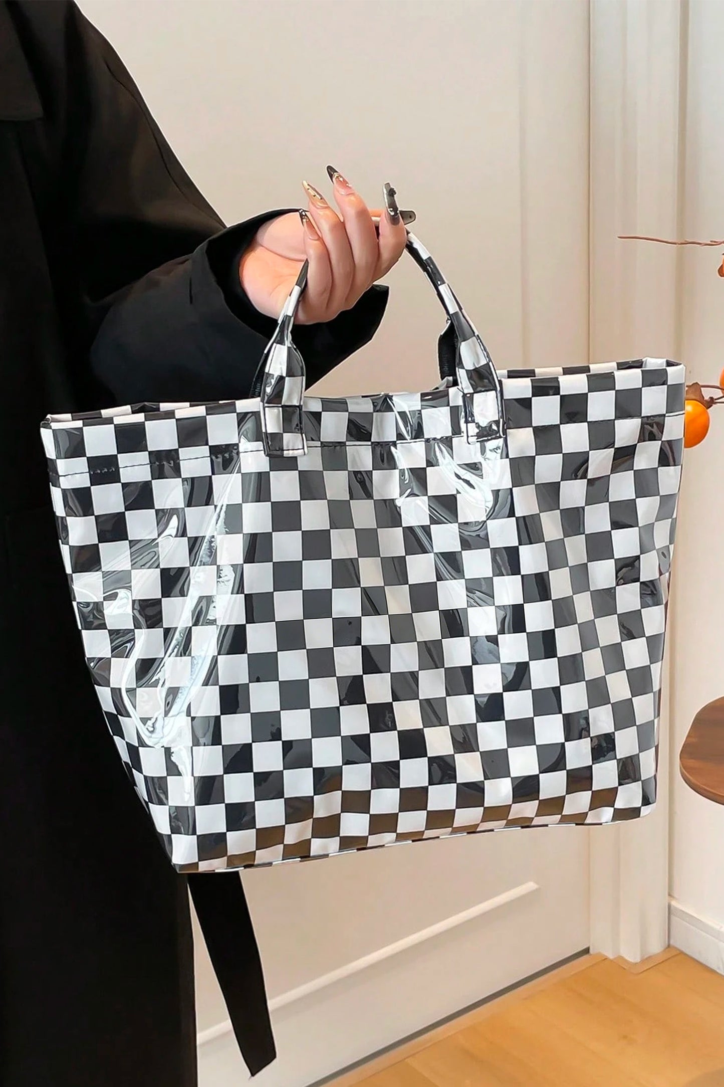 Fiery Red Plaid Pattern PVC Glossy Waterproof Tote Bag