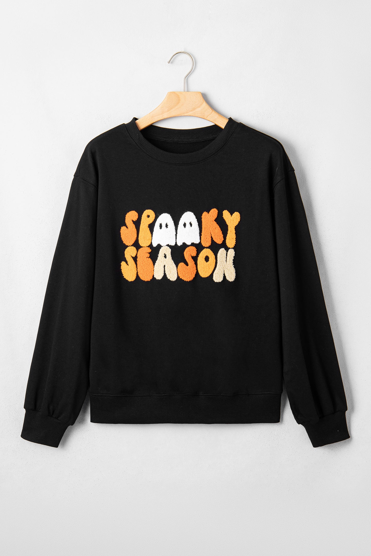 Color black Embroidered Spooky Season Graphic Long Sleeve Round Neck Pullover Sweatshirt