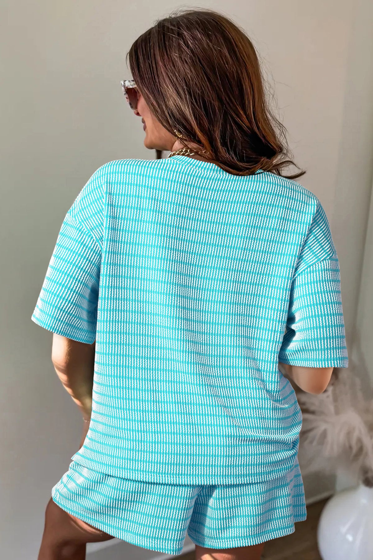 Khaki Stripe Raised Rib Loose Tee Drawstring Elastic Waist 2pcs Short Set