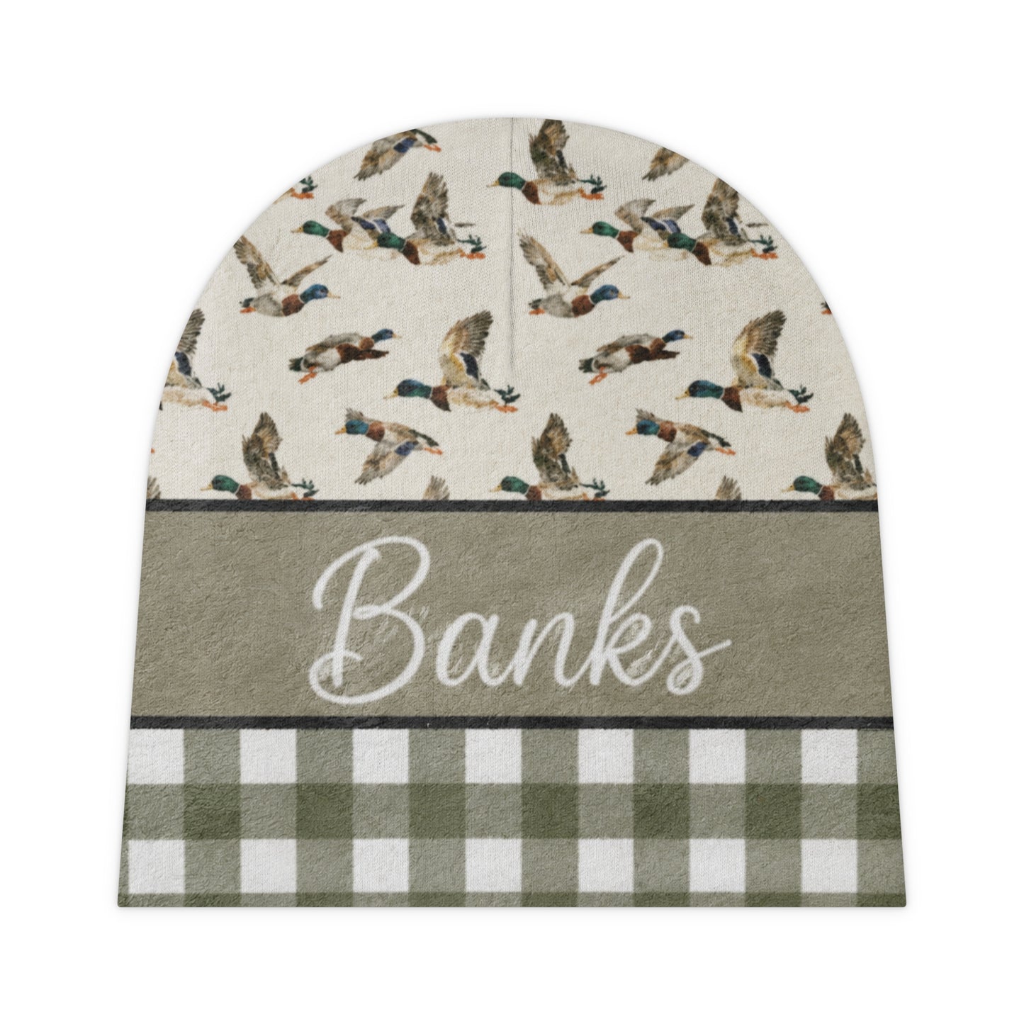 Personalized Baby Beanie — Duck Pattern & Buffalo Check with Name