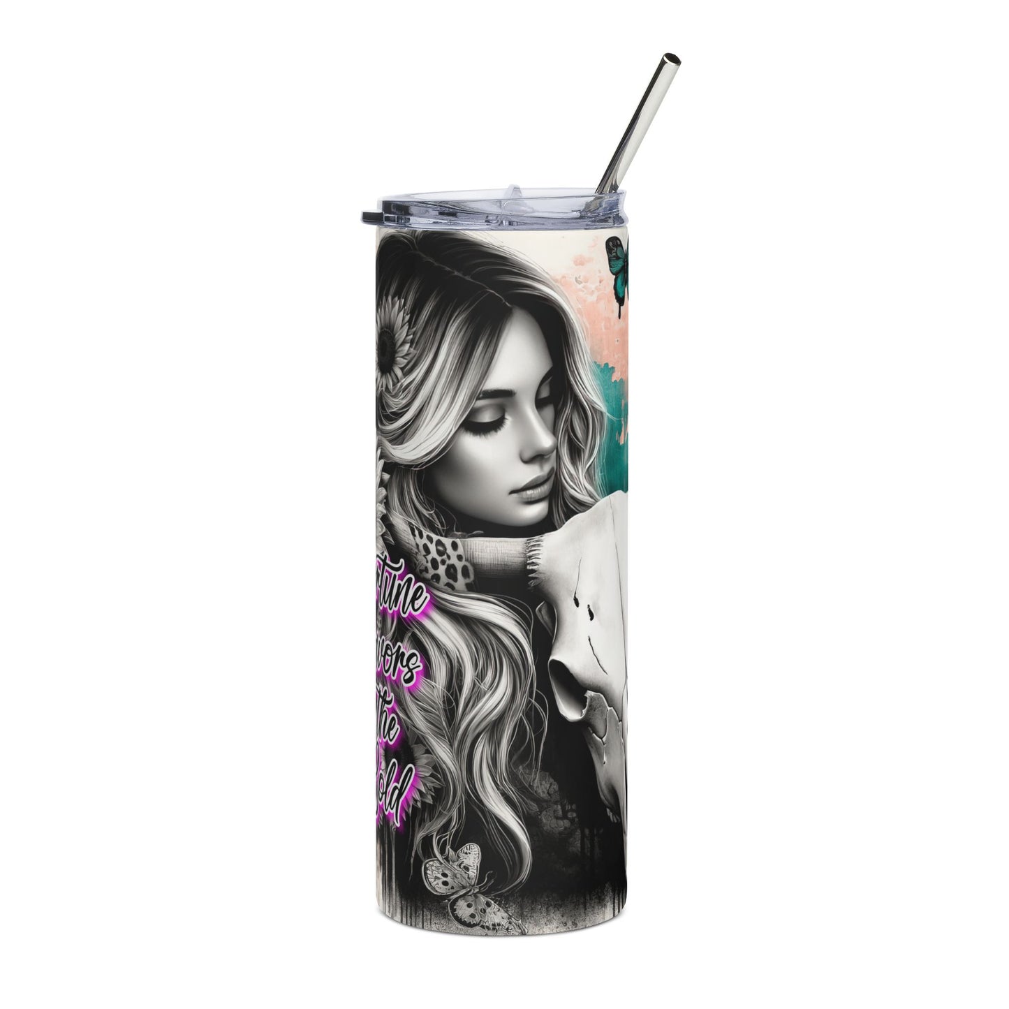 20oz Tumbler — Gothic Floral 'Fortune Favors the Bold' Stainless Steel Travel Cup