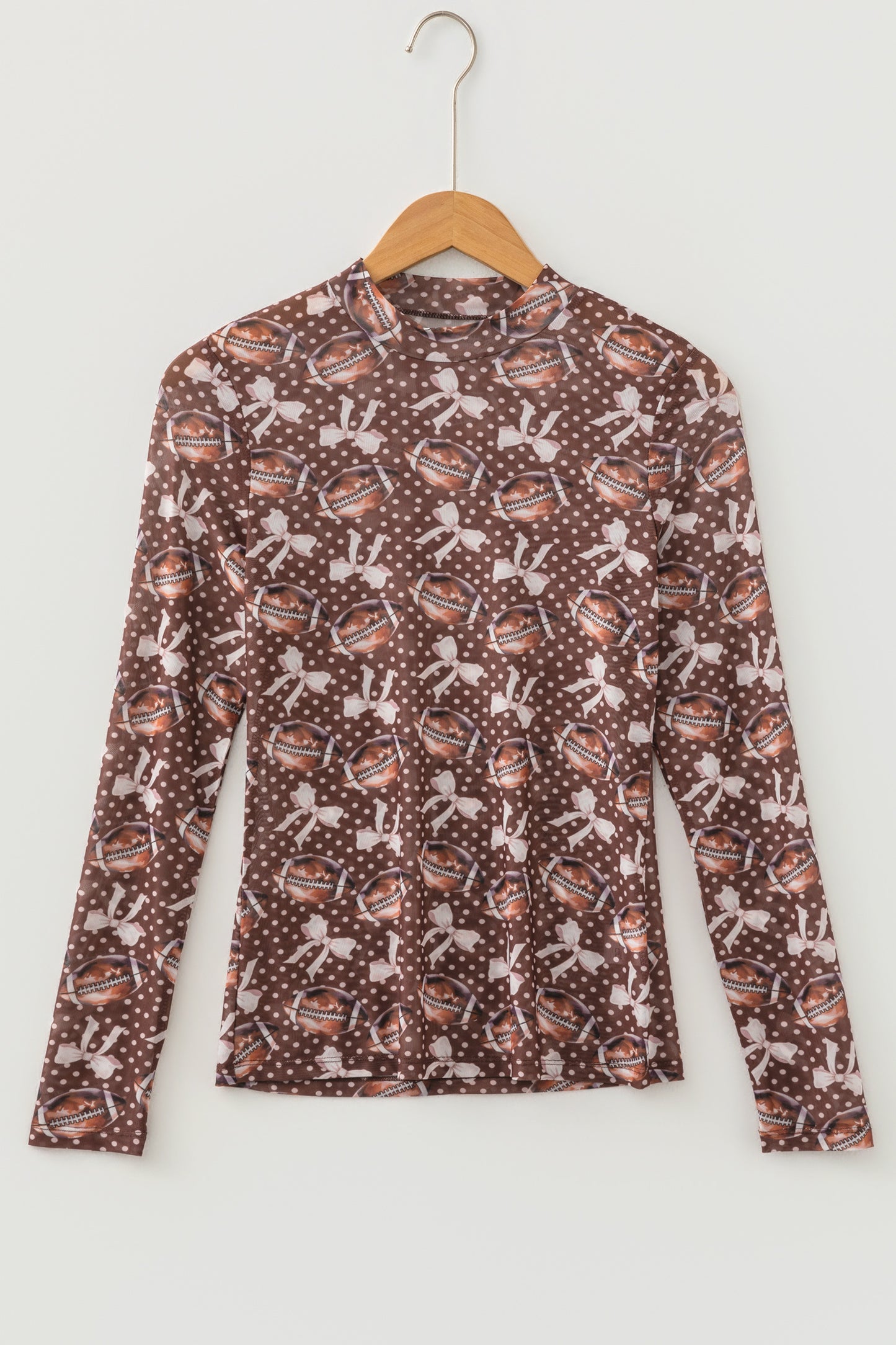 Brown Polka Dot Bow Football Print Long Sleeve Mesh Top