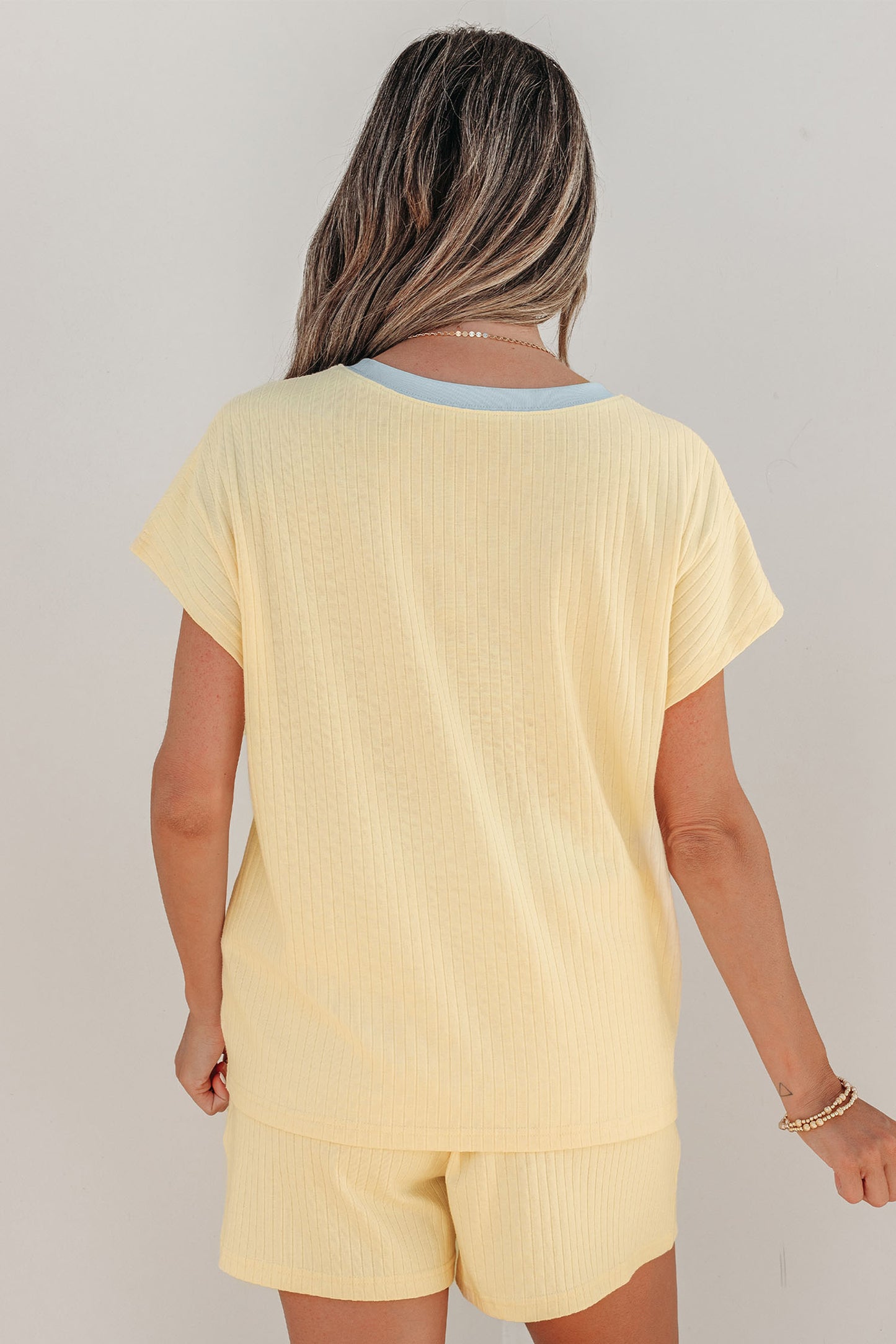 Yellow Cream Ribbed Knit Two Piece Set Sequin Horse Patched Casual Short Set