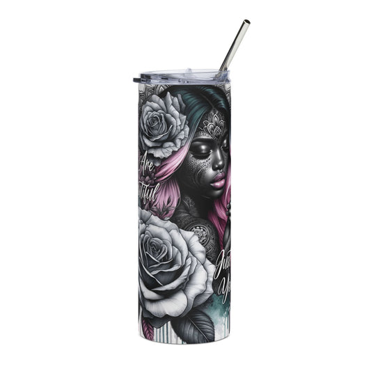 Tumbler - 'You Are Beautiful' Floral Portrait 20oz Stainless Steel Travel Cup
