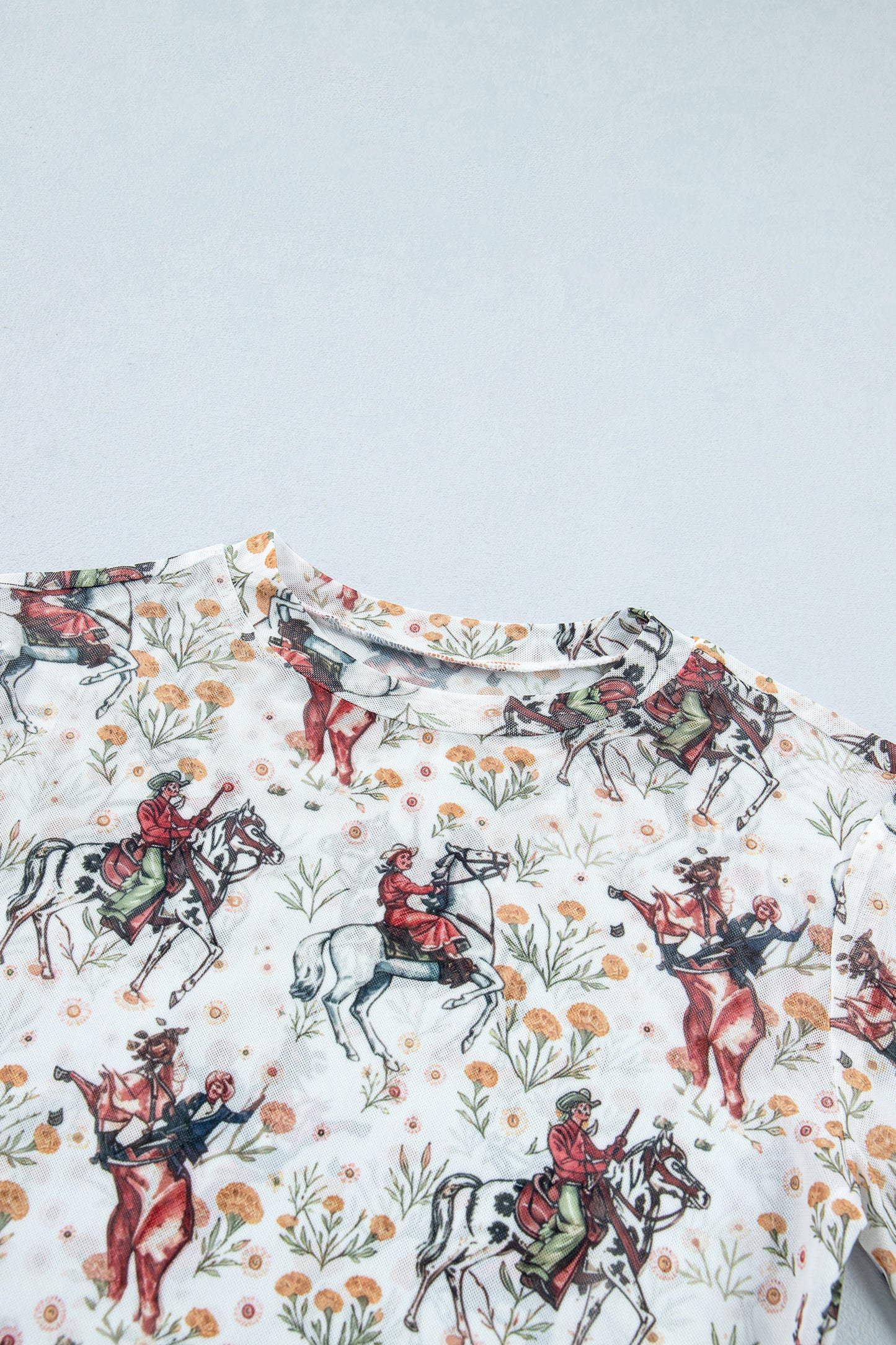 Brown Western Cowboy Floral Print Sheer Mesh Long Sleeve Top