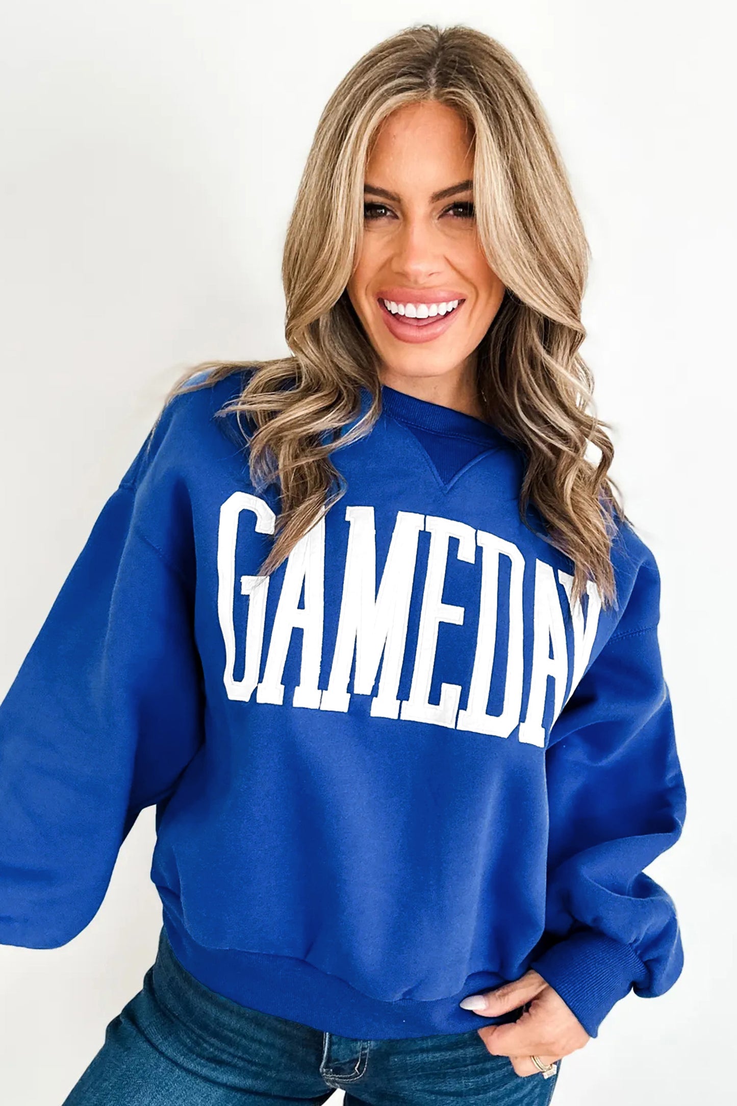Sky Blue GAMEDAY Embroidered Patch Pattern Casual Shift Sweatshirt