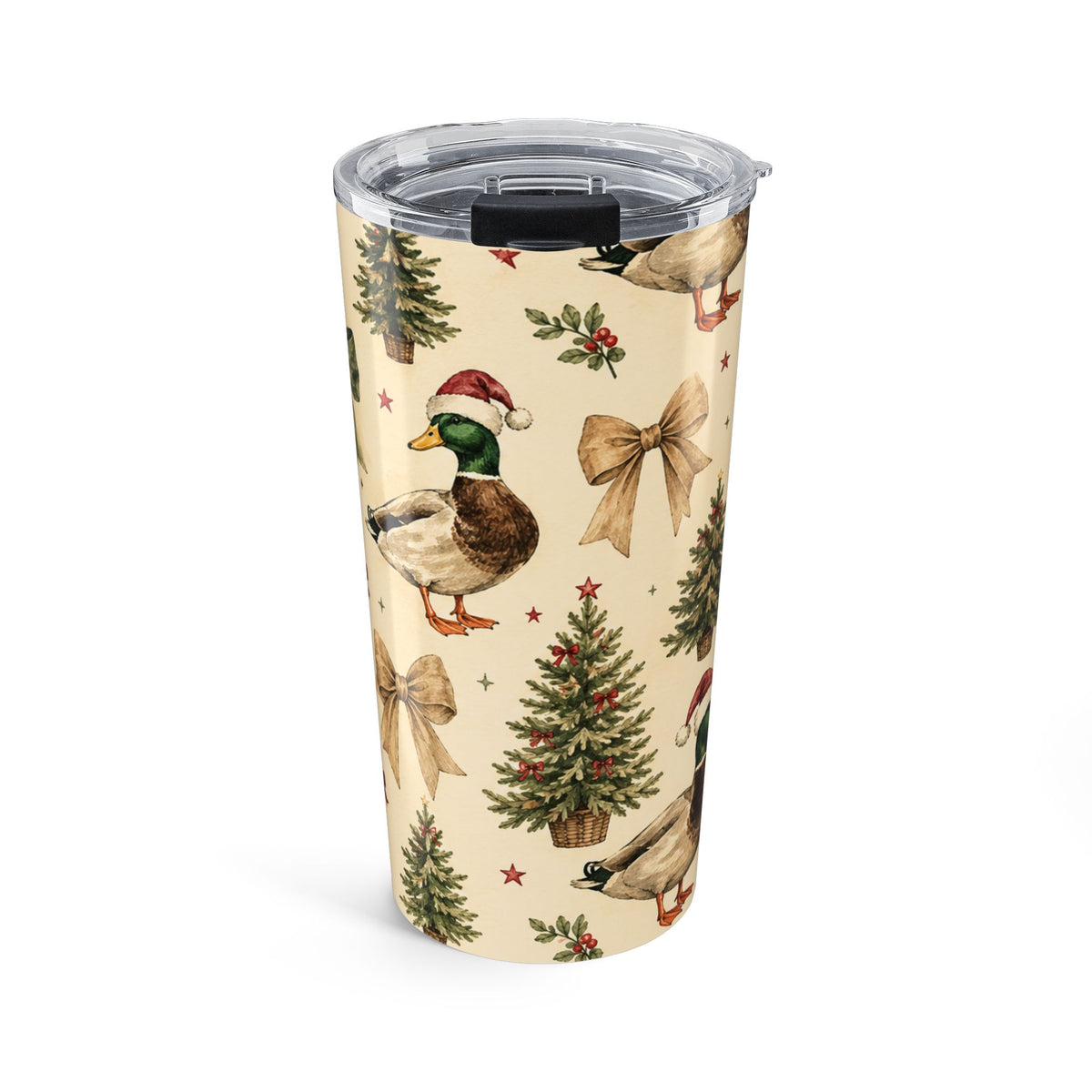 Christmas Mallard Duck 20oz Tumbler — Holiday Tree & Santa Hat Travel Mug