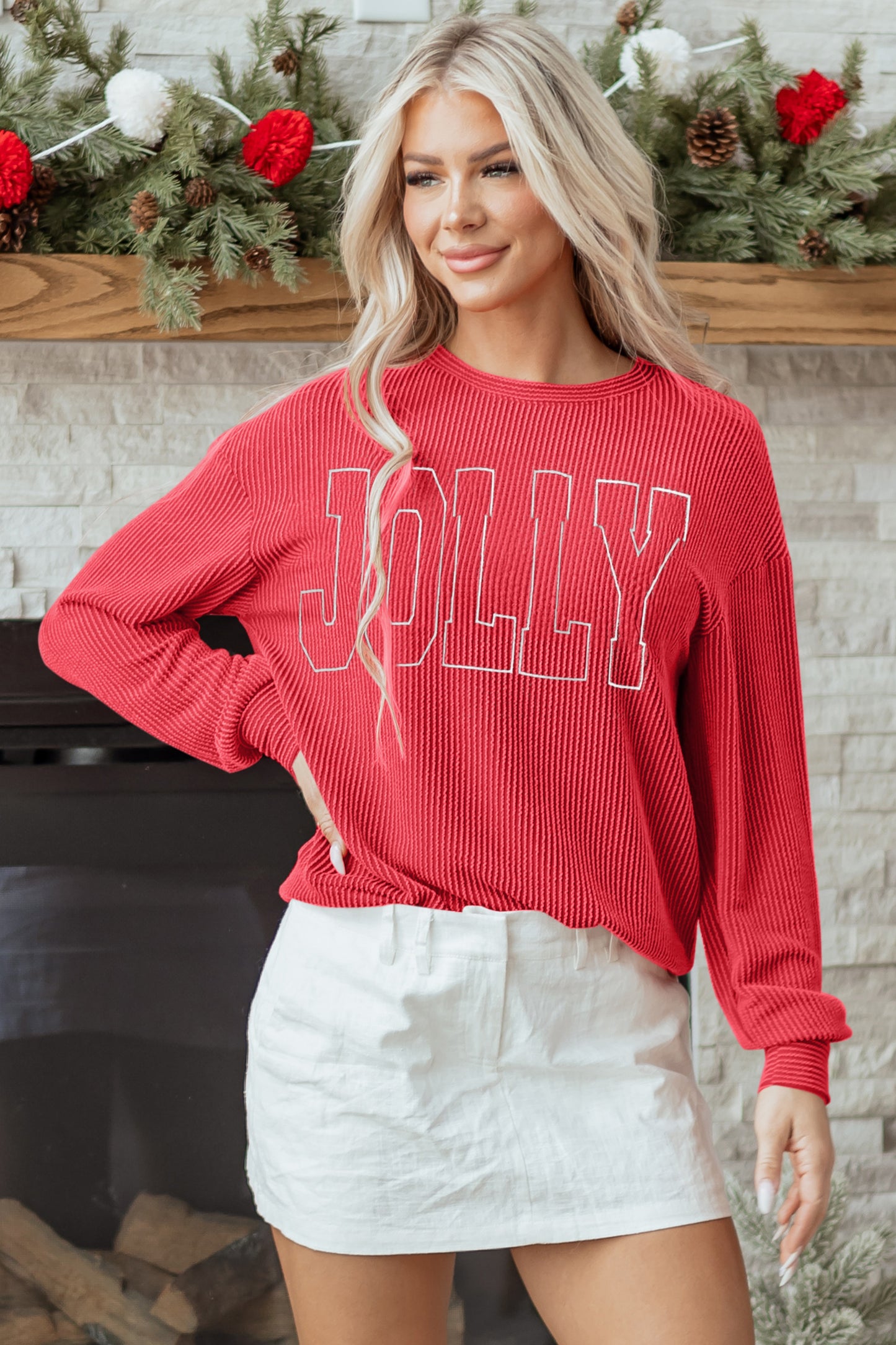 Evergreen Twisted Rib Outlined Merry Letter Graphic Loose Long Sleeve Top