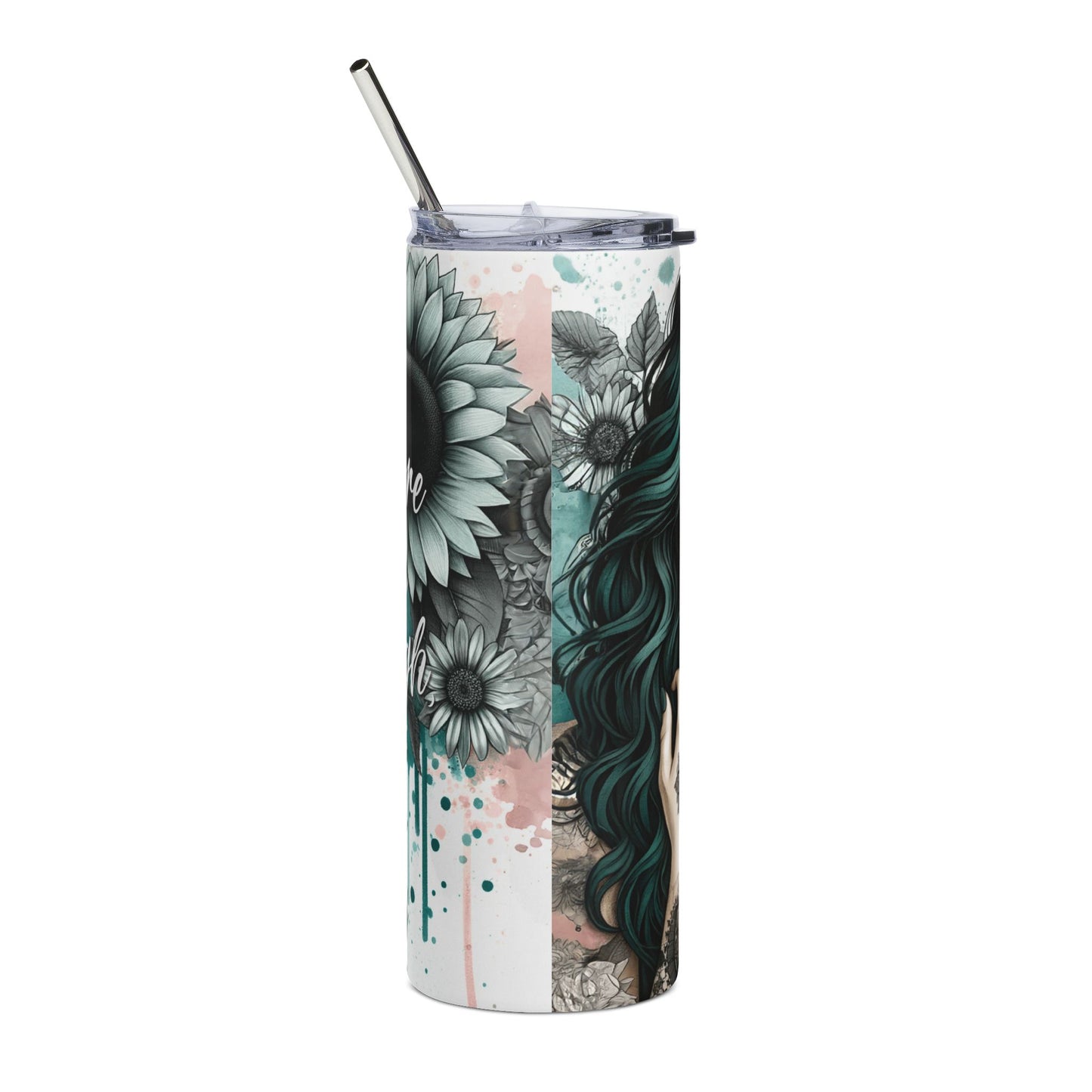 20oz Stainless Steel Tumbler – Teal-Haired Tattooed Woman Design, Floral Motif, 'Just That' Script