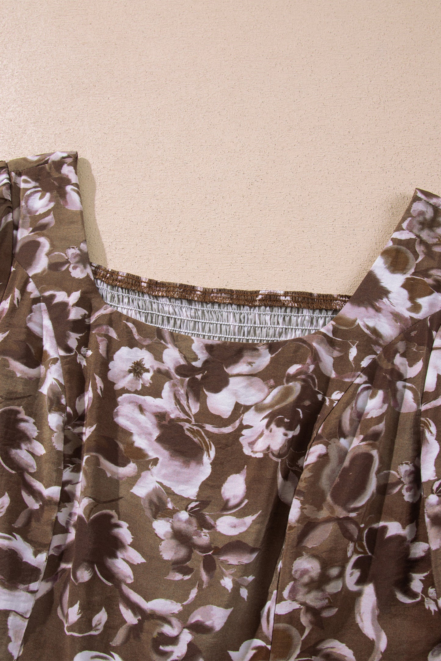 Brown Abstract Floral Print Square Neck Long Sleeve Mini Shift Dress