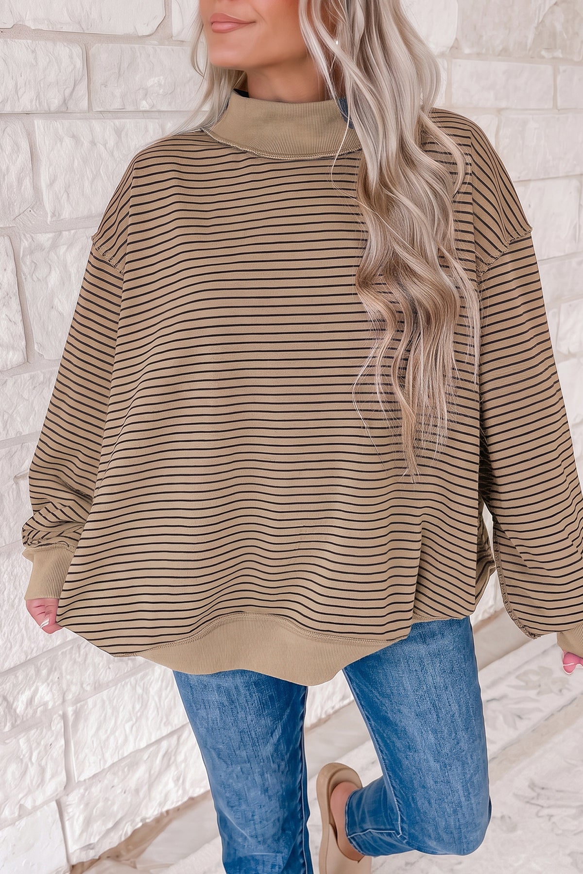Pink Stripe Ribbed Color Block Mock Neck Oversized Sweatshirt