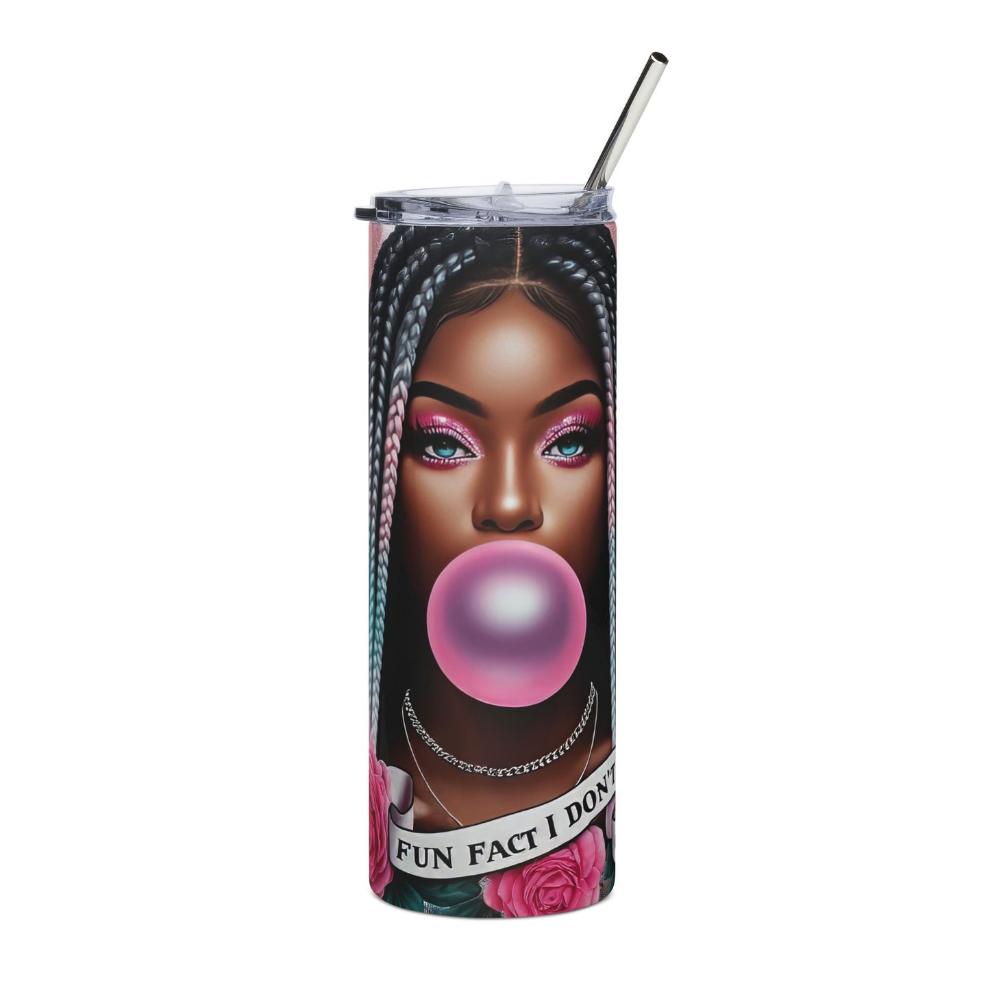 20oz Stainless Steel Tumbler — Black Woman Bubblegum Art with Pink Roses