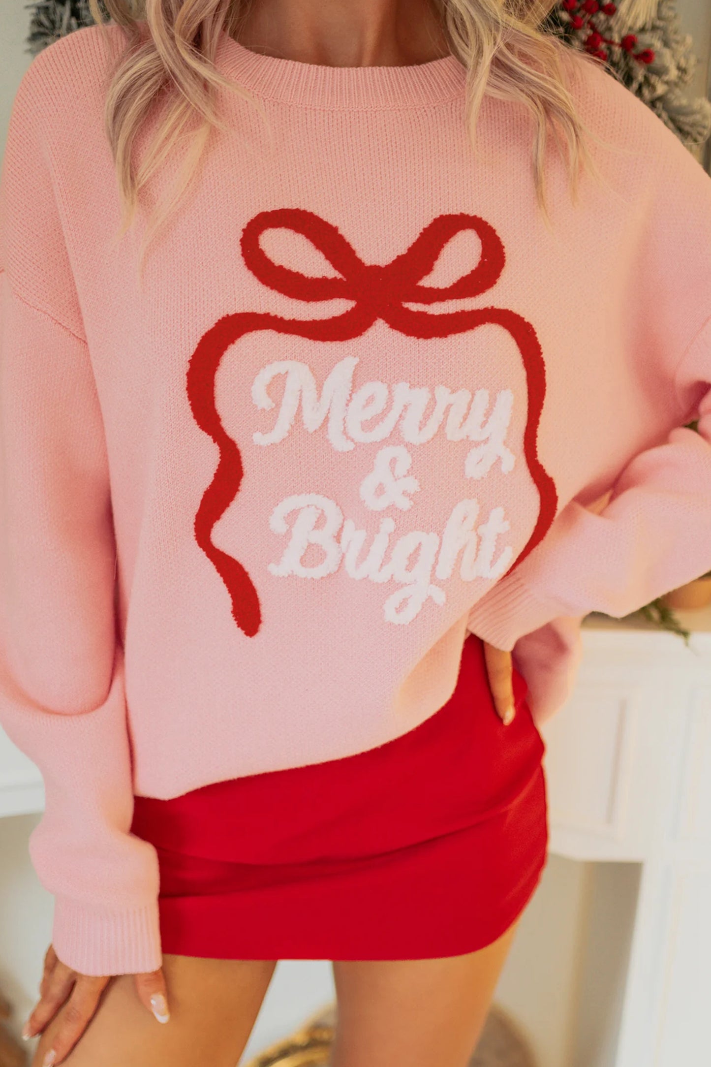 Gossamer Pink Drop Shoulder Round Neck Towel Embroidery Slogan Pullover Sweater