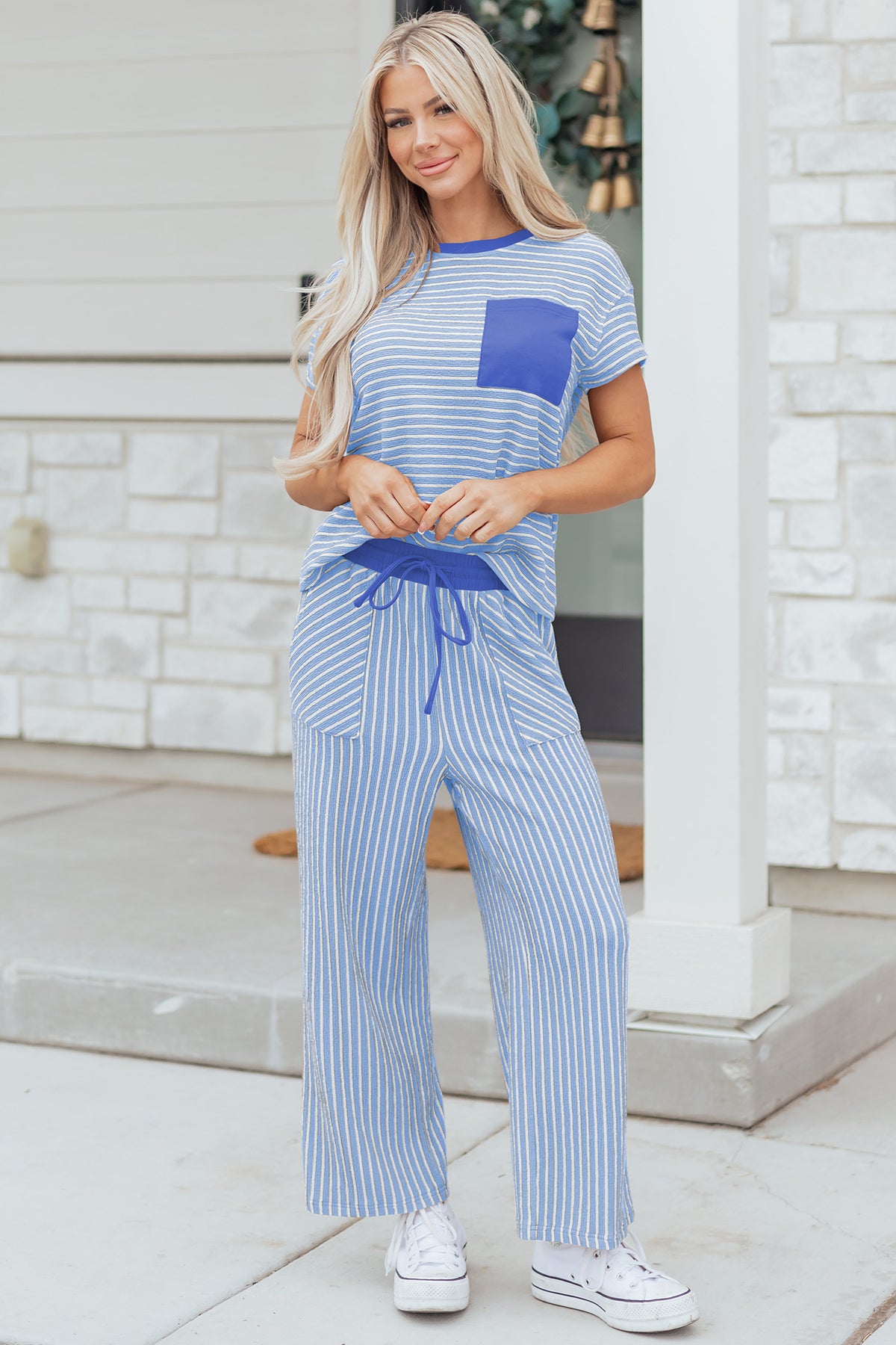 Khaki Stripe Crew Neck Tee Drawstring Waist Cropped Pants Set