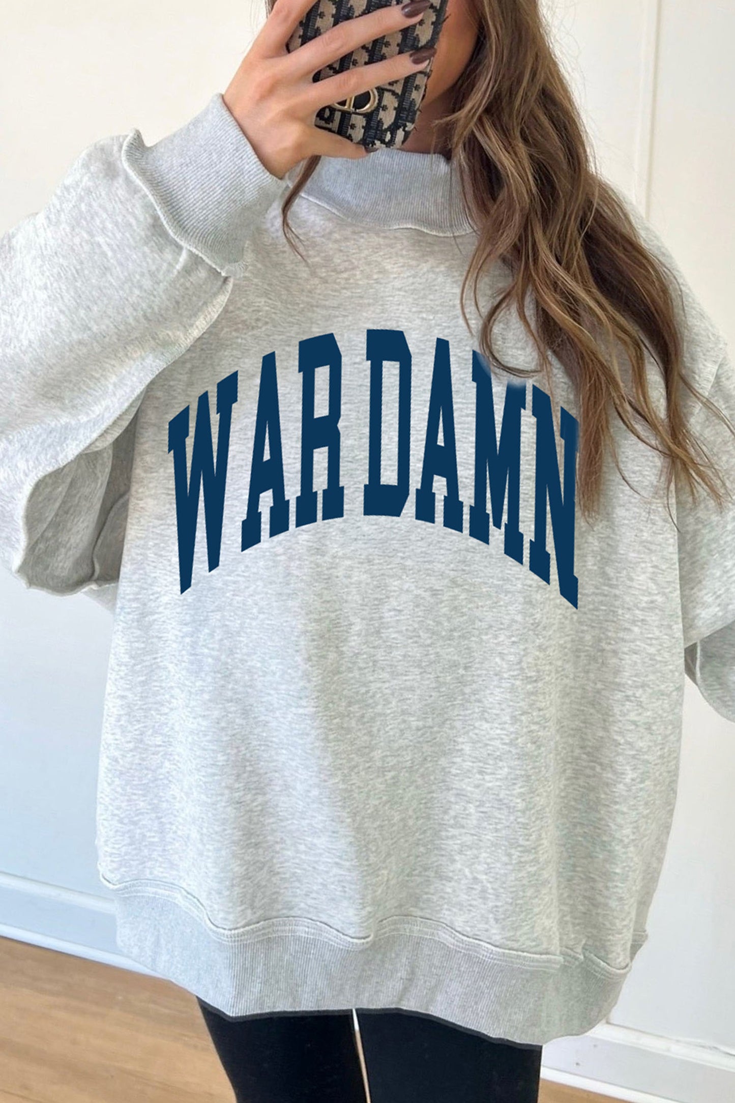 Light Grey WAR DAMN/ EAGLES Double Side Print High Neck Baggy Sweatshirt