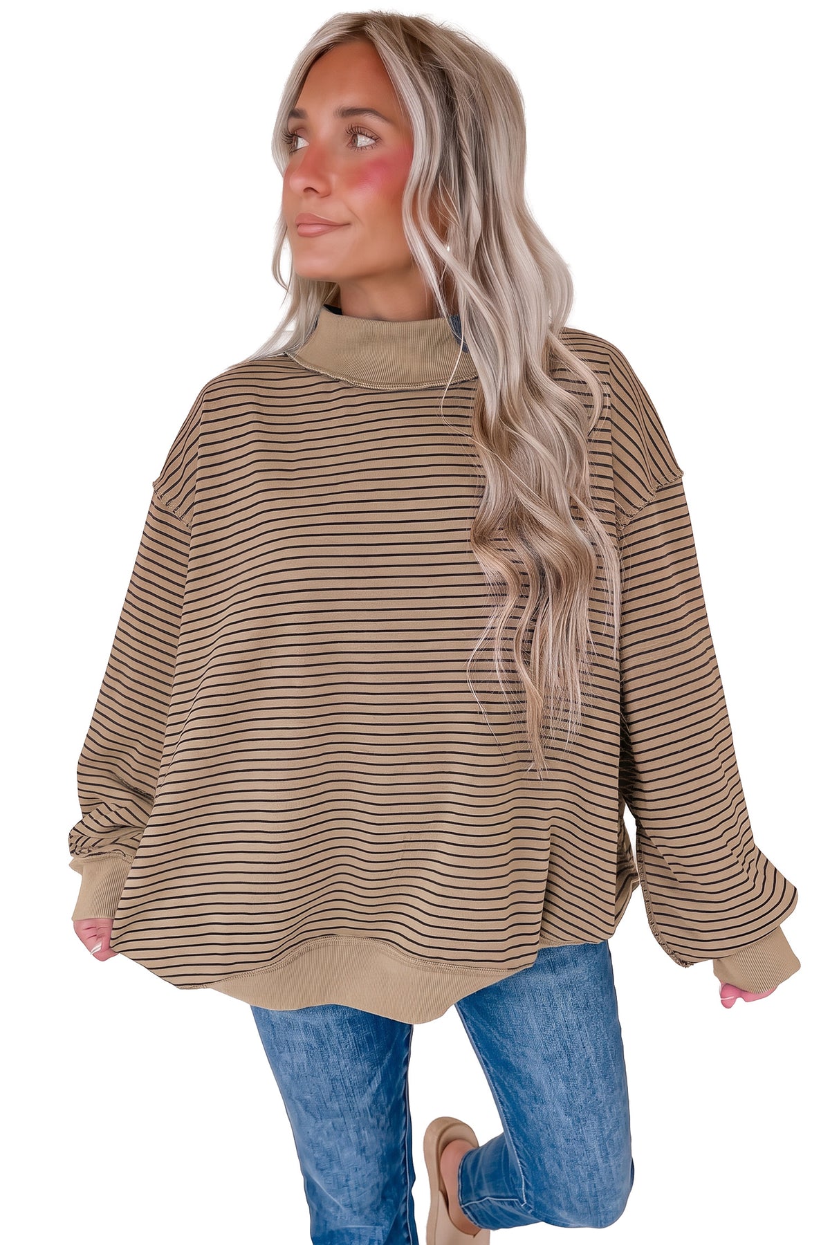 Pink Stripe Ribbed Color Block Mock Neck Oversized Sweatshirt