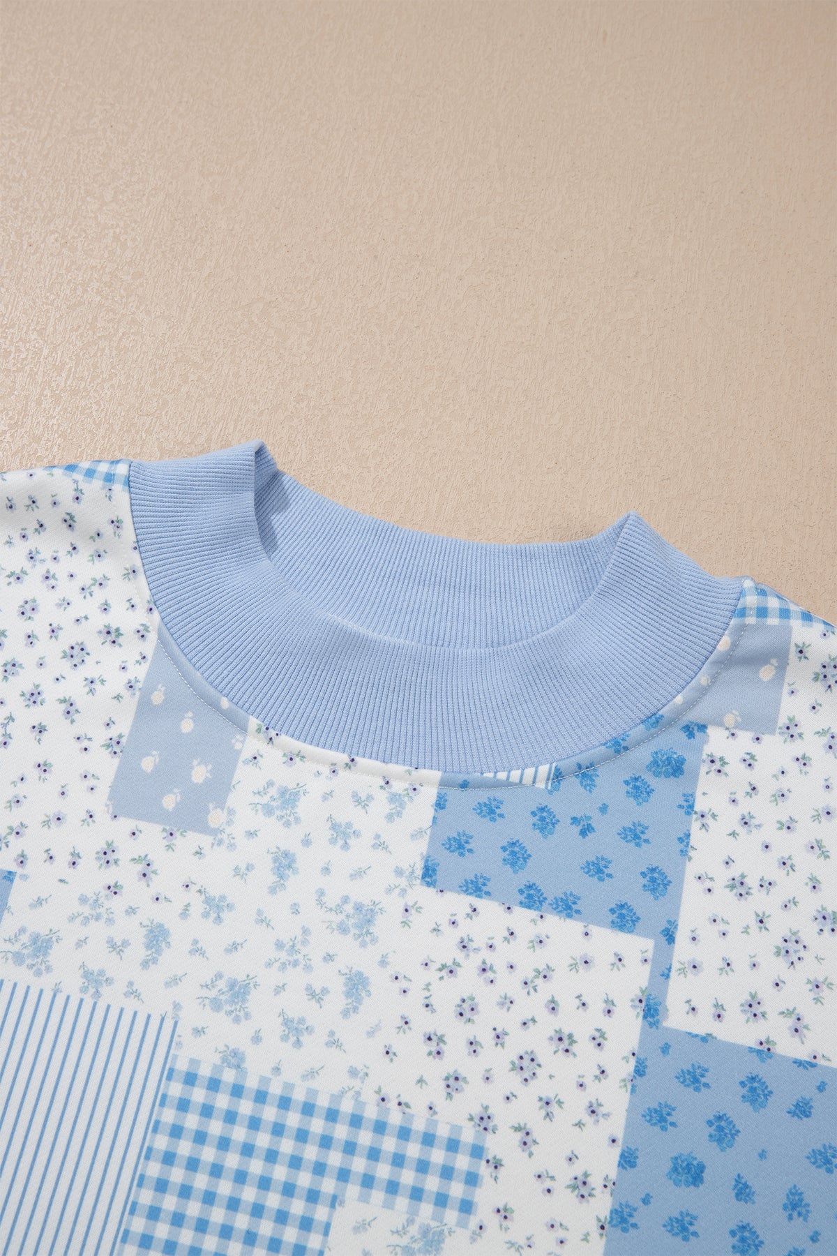 Sky Blue Patchwork Floral Print Stand Neck Long Sleeve Two-piece Outfit Plus Size Set