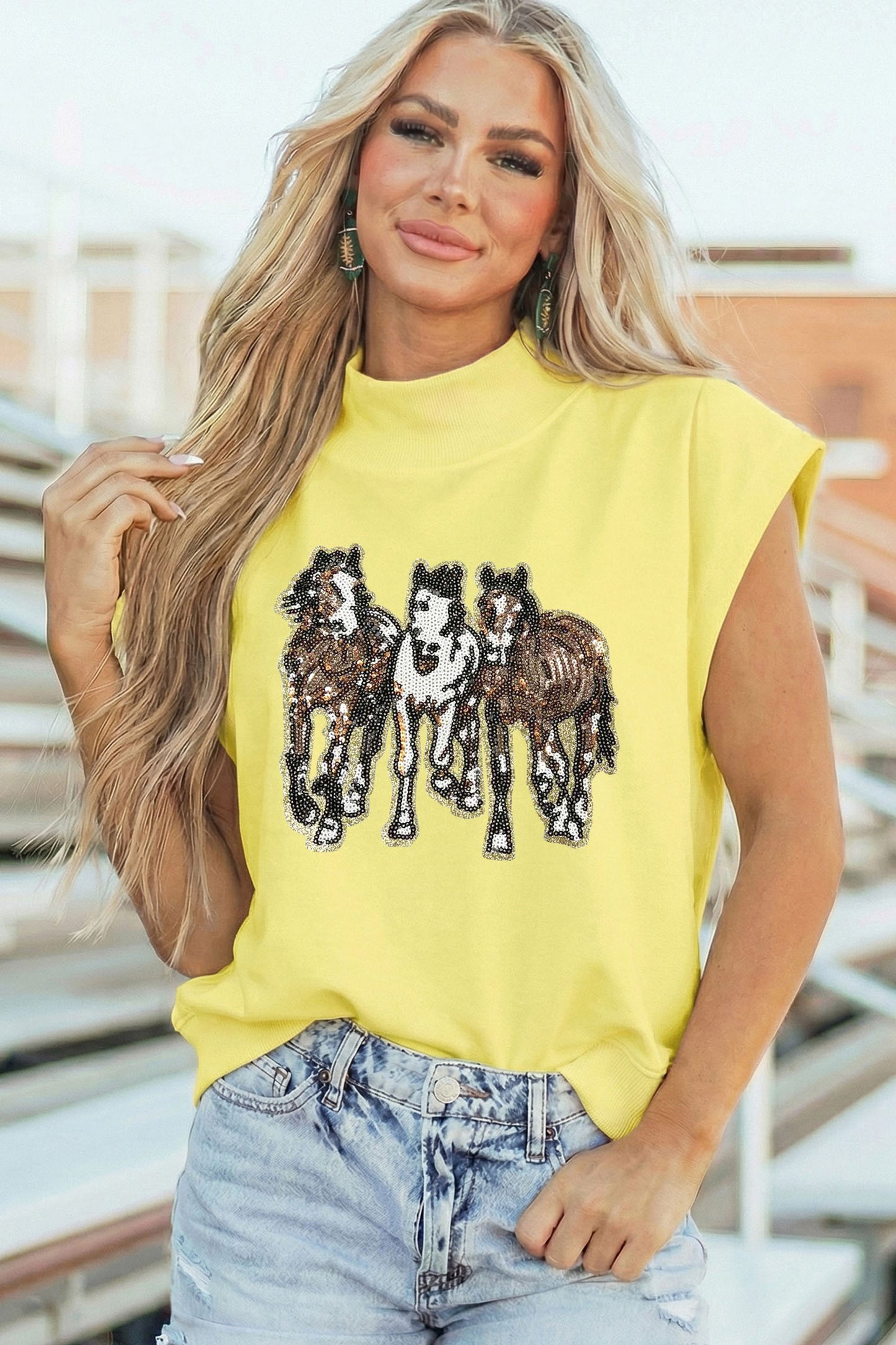 Yellow High Neck Sequin Horse Cap Sleeve Tunic Top