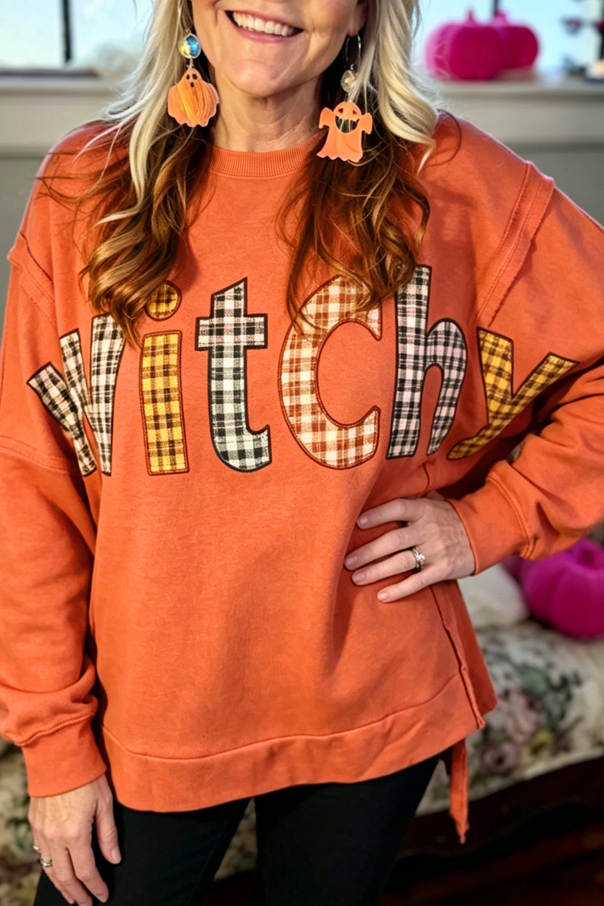 Flamingo Halloween Witchy Plaid Slogan Embroidered Patch Tunic Sweatshirt