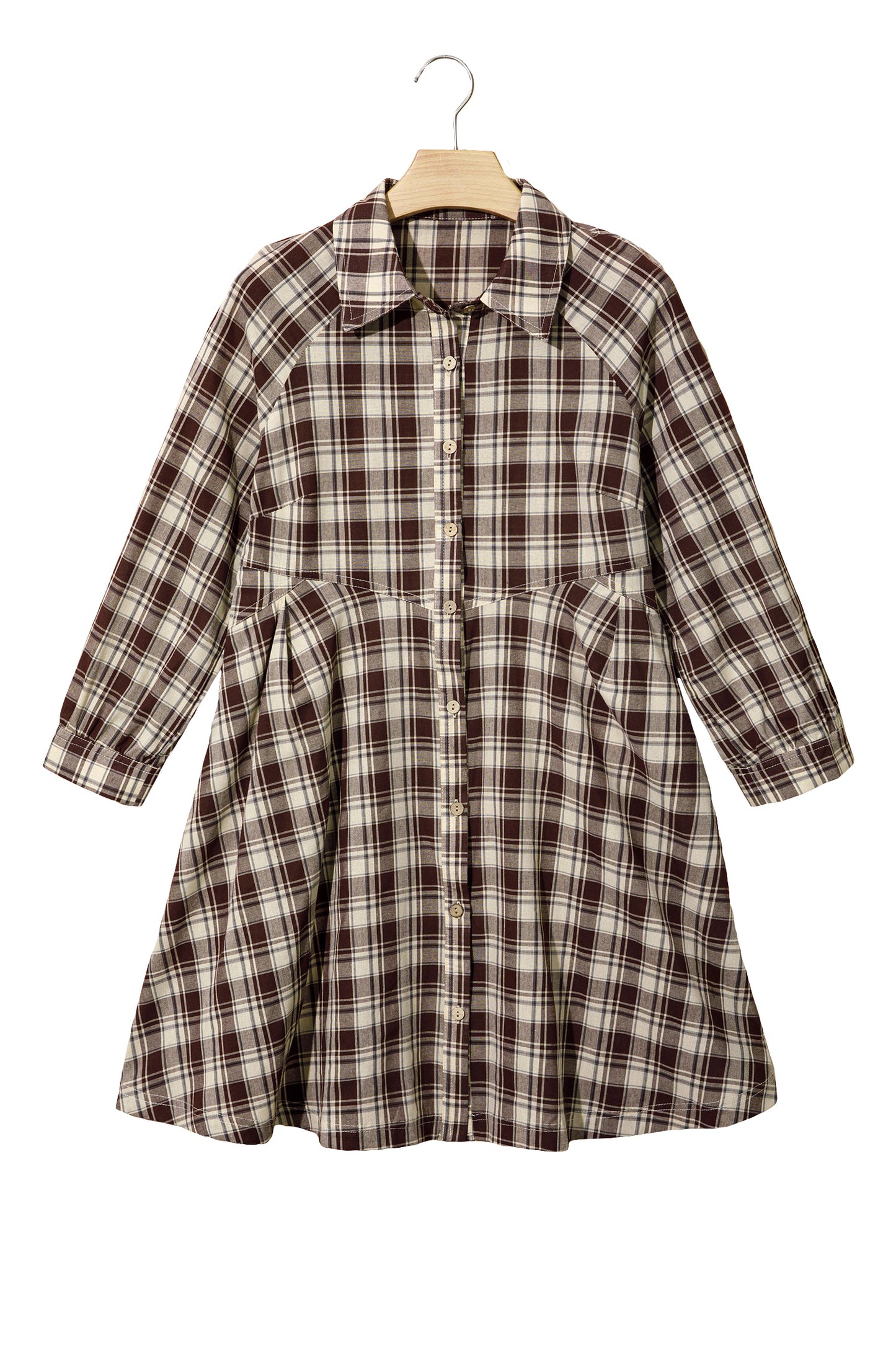 Brown Plaid Long Sleeve Short Shift Mini Dress