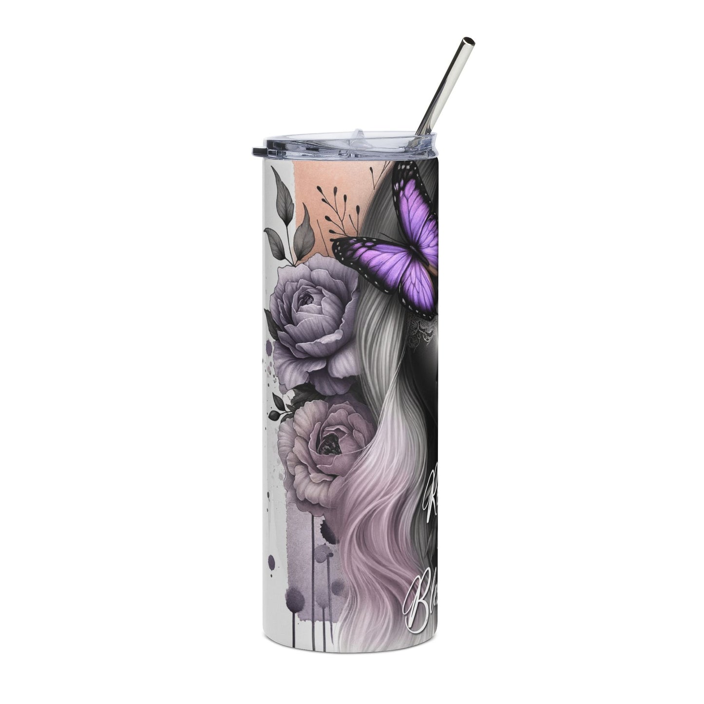 20oz Stainless Steel Tumbler — Remember Your Blessings Black Woman Design with Purple Butterfly
