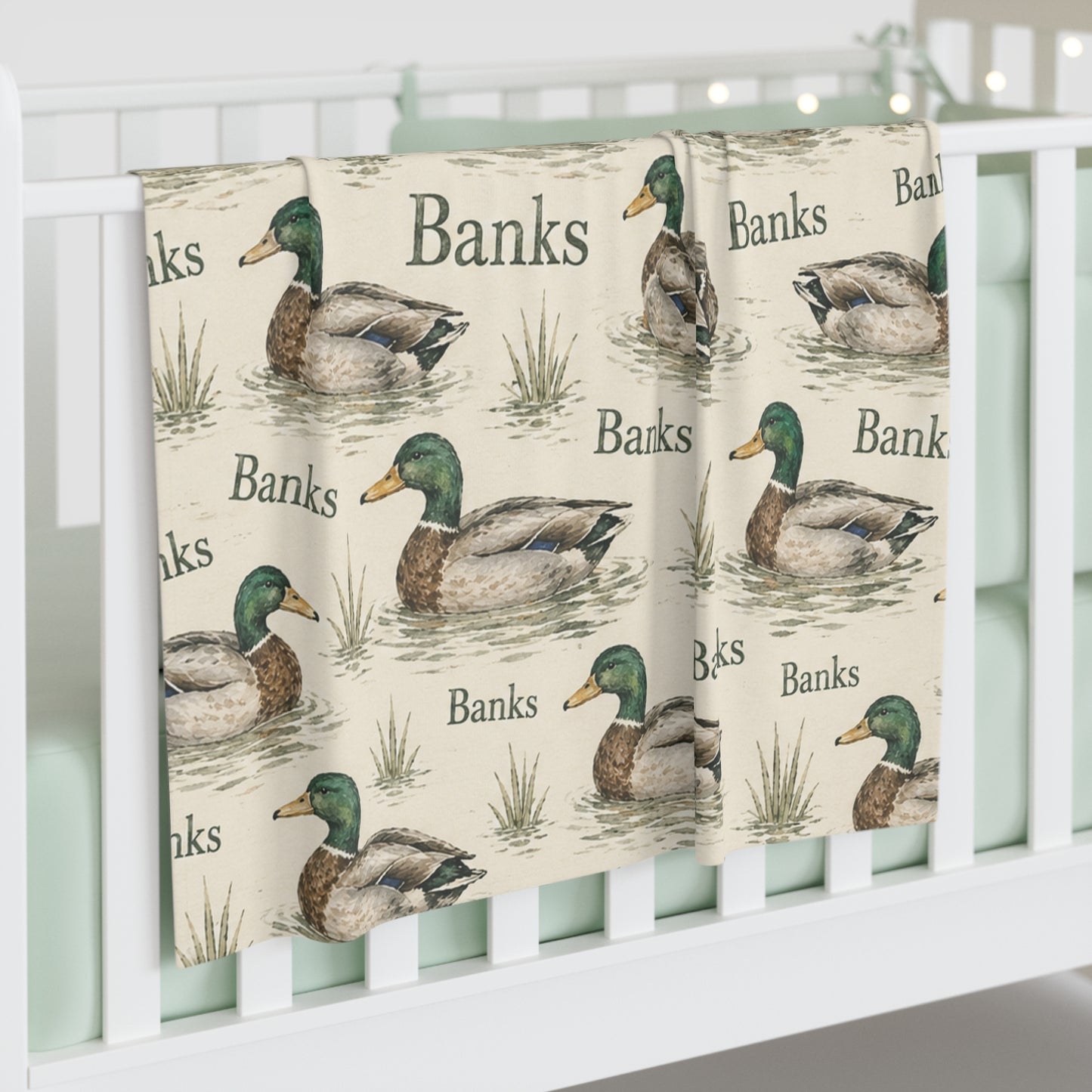 Personalized Mallard Duck Baby Swaddle Blanket — Custom Name "Banks" Nursery Wrap