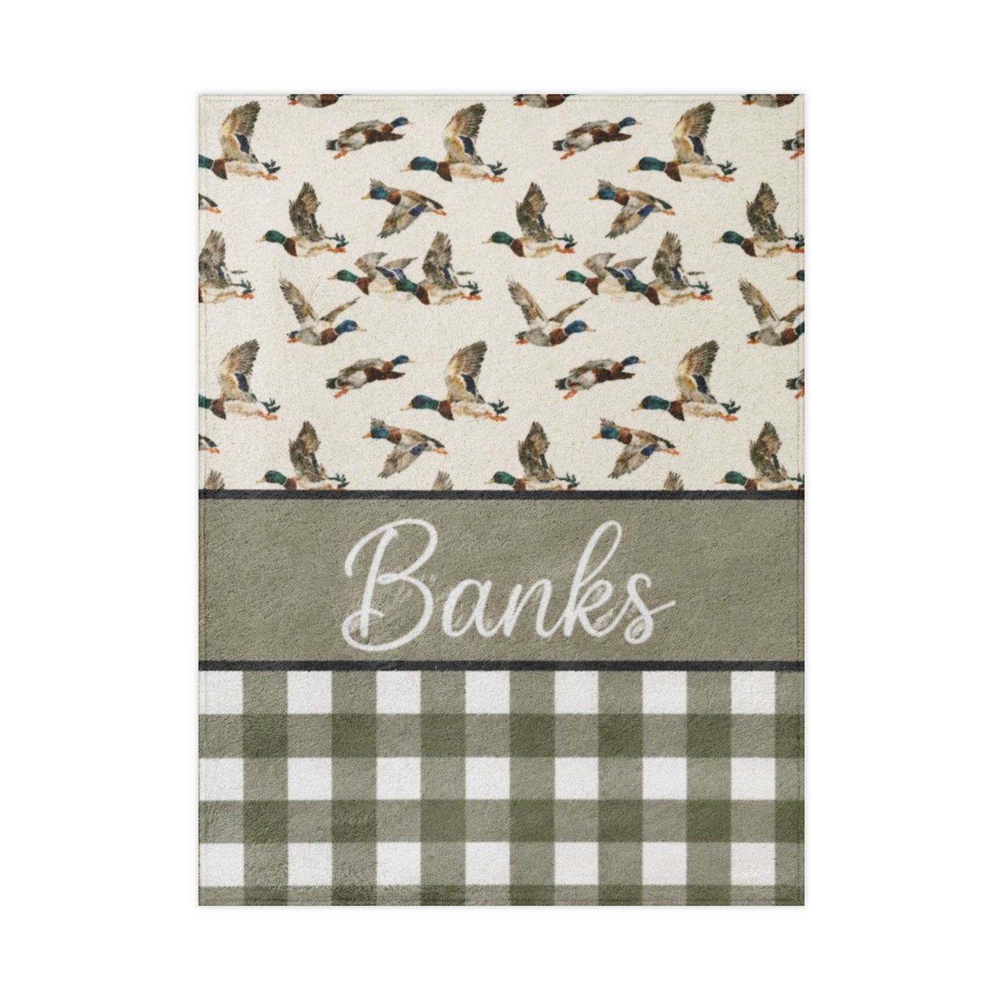 Personalized Toddler Blanket — Duck Pattern & Green Buffalo Check with Name "Banks"