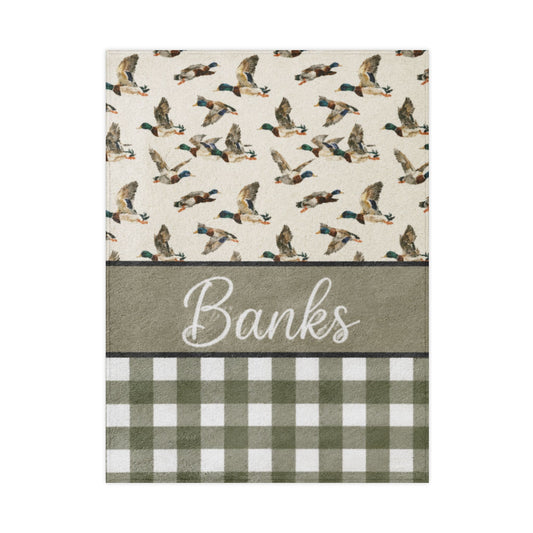 Personalized Toddler Blanket — Duck Pattern & Green Buffalo Check with Name "Banks"