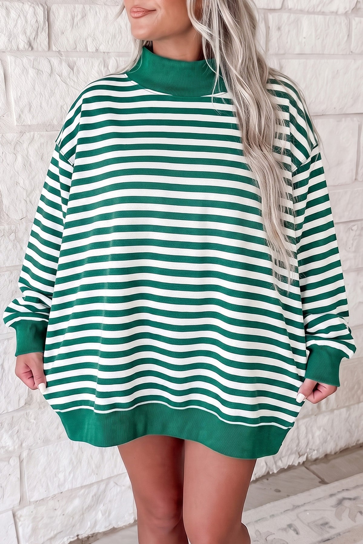 Gray Stripe Cozy Mock Neck Oversized Tunic Sweatshirt