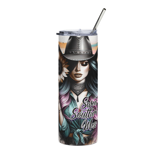 20oz Stainless Steel Tumbler — 'Sweet Southern Mess' Cowgirl Sunflower Design